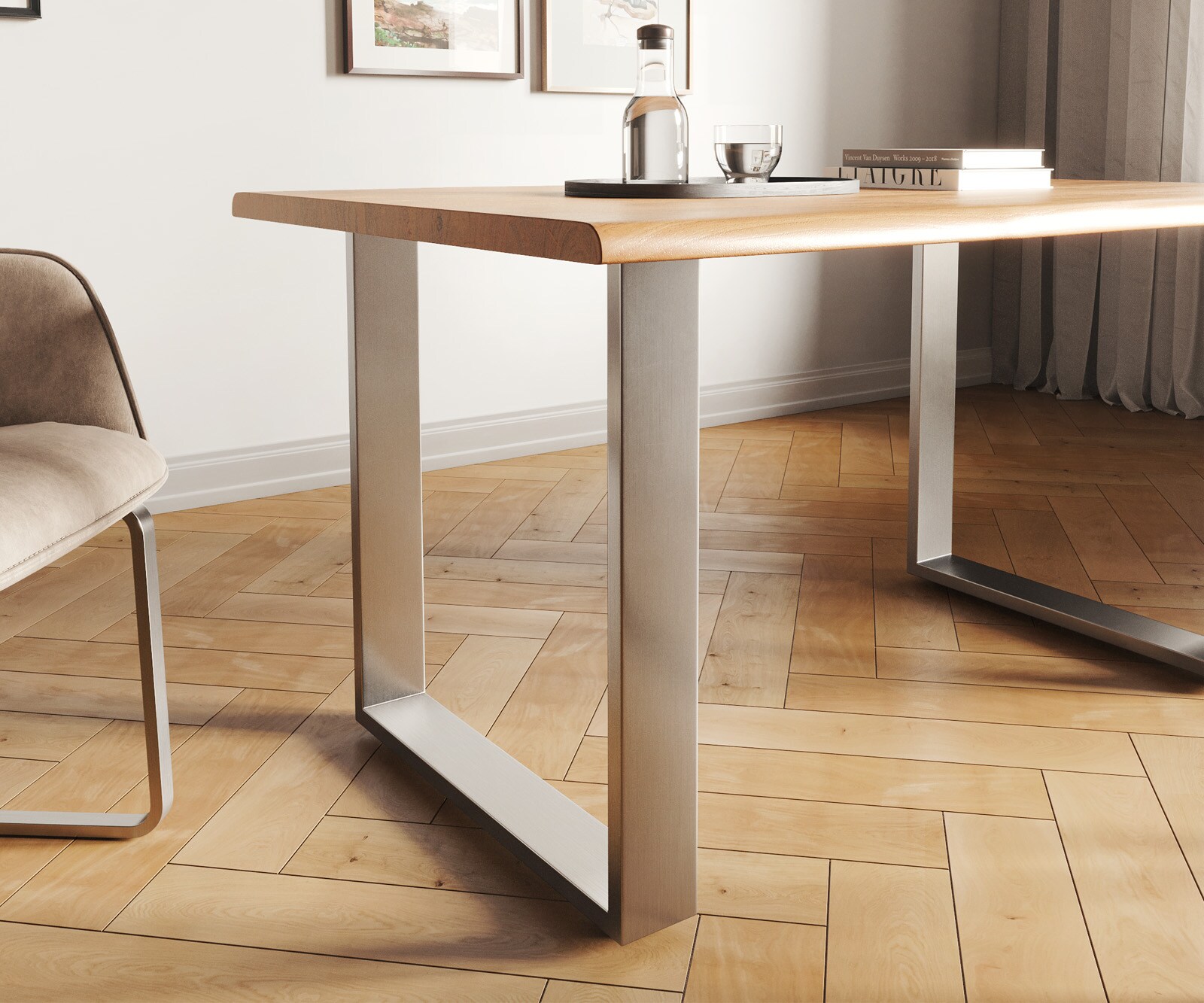 Stół do jadalni Edge 140x90cm akacja naturalna stal nierdzewna wąska rama live-edge 4