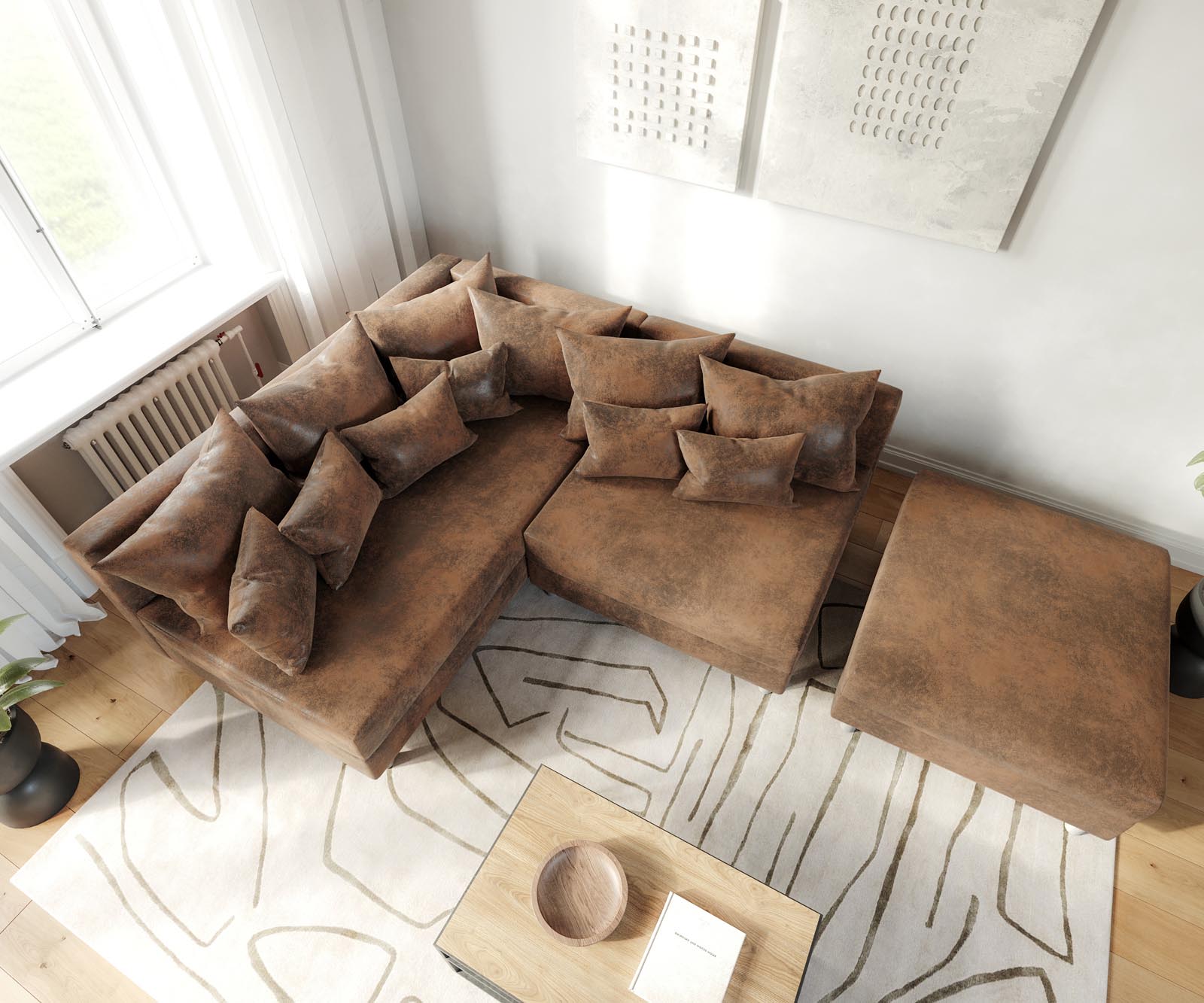 Sofa narożna Clovis brązowy antyczny sofa modułowa z pufem szezlong lewy 3