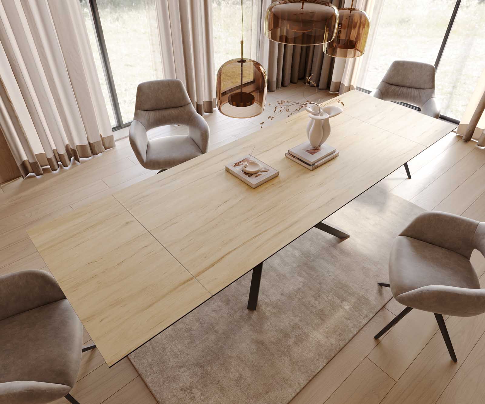Stół do jadalni Edge 200-300x100 cm ceramika Laminam® Sabbia kolor dębu rama Cross czarna rozkładany 3