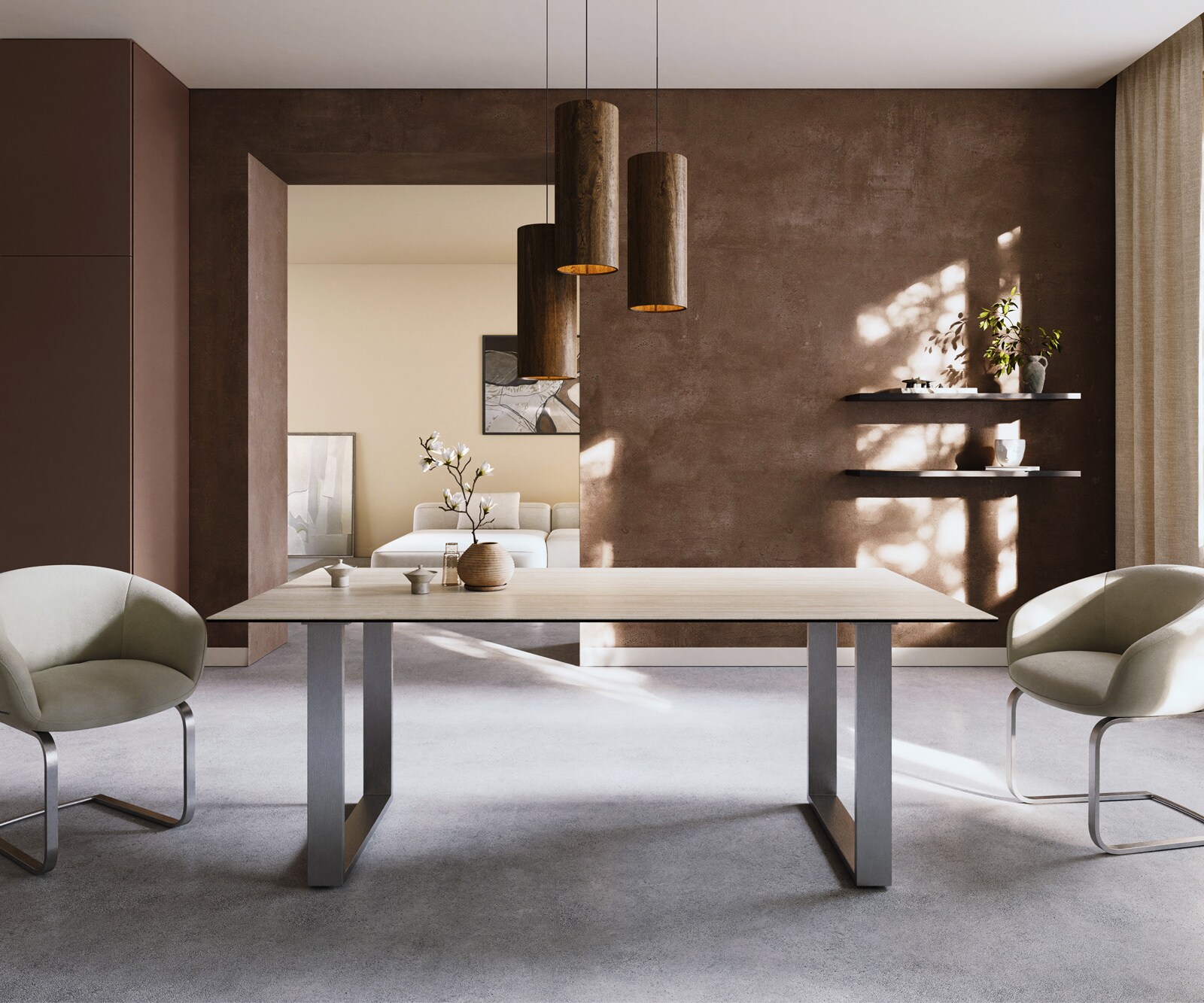 Stół do jadalni Edge 200x100cm ceramika Laminam® Travertino Bianco kremowo-biały rama wąska stal nierdzewna