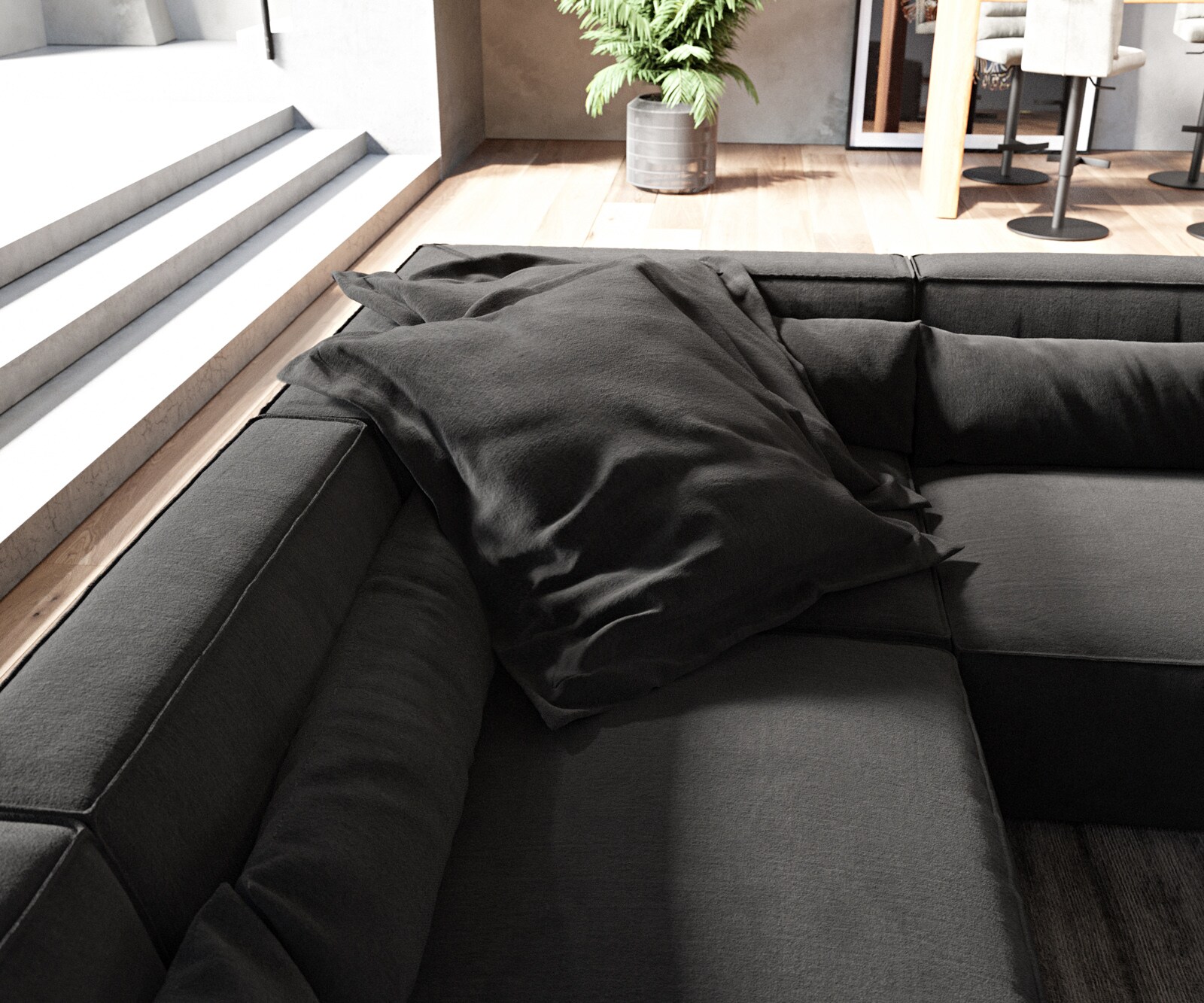 Sofa w kształcie litery U Sirpio 300x210 cm mikrofibra czarna szezlong z możliwością obustronnego montażu z pufem 5