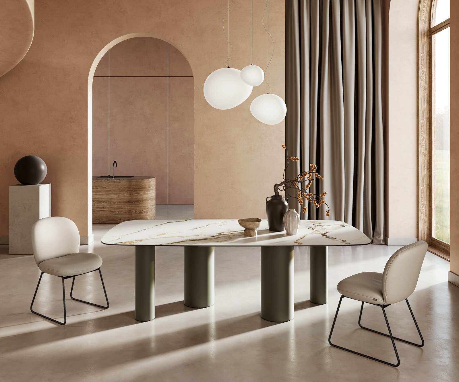 Stół do jadalni Edge kształt beczki 240x120cm ceramika Calacatta Luxe biało-złoto-szary rama Pilier metal kolor tytanowy