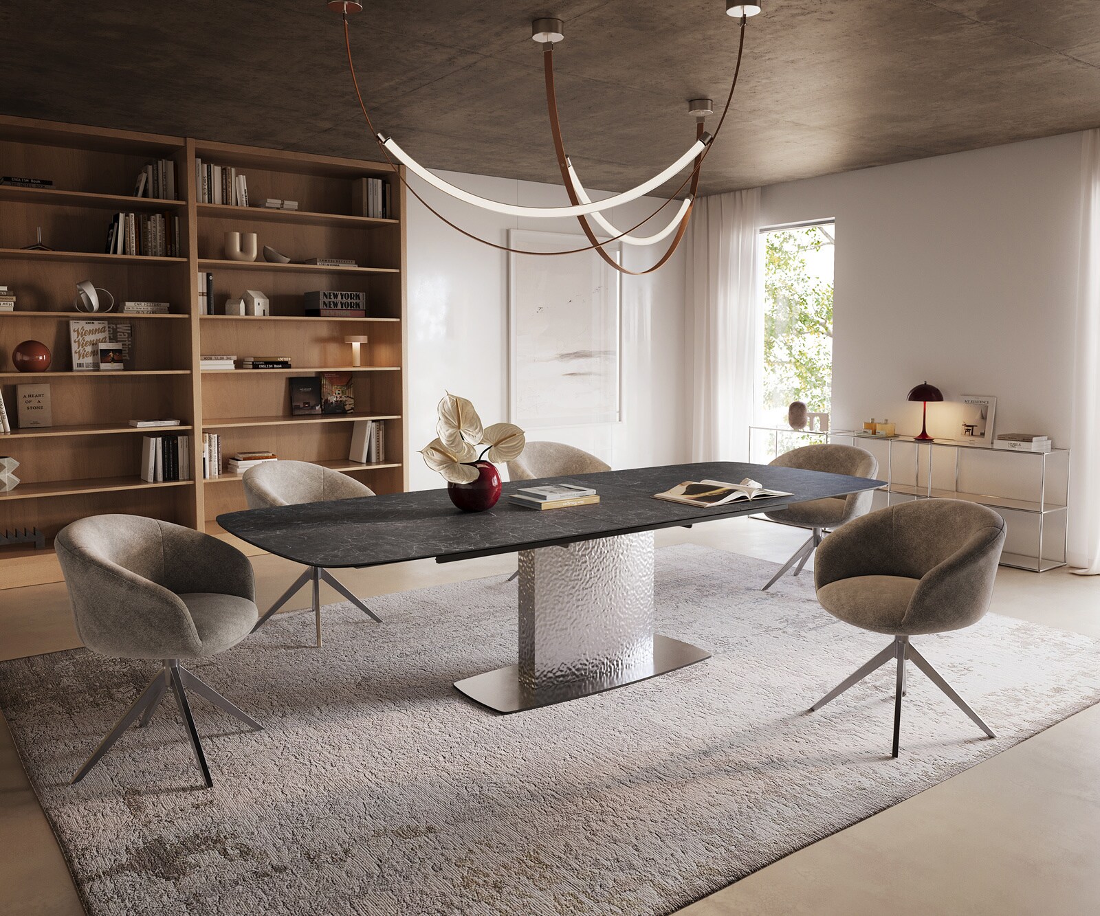 Stół do jadalni Edge w kształcie beczki 240-300x120 cm ceramika Laminam® Nero Greco Anthrazit rama Wave stal nierdzewna rozkładany 7
