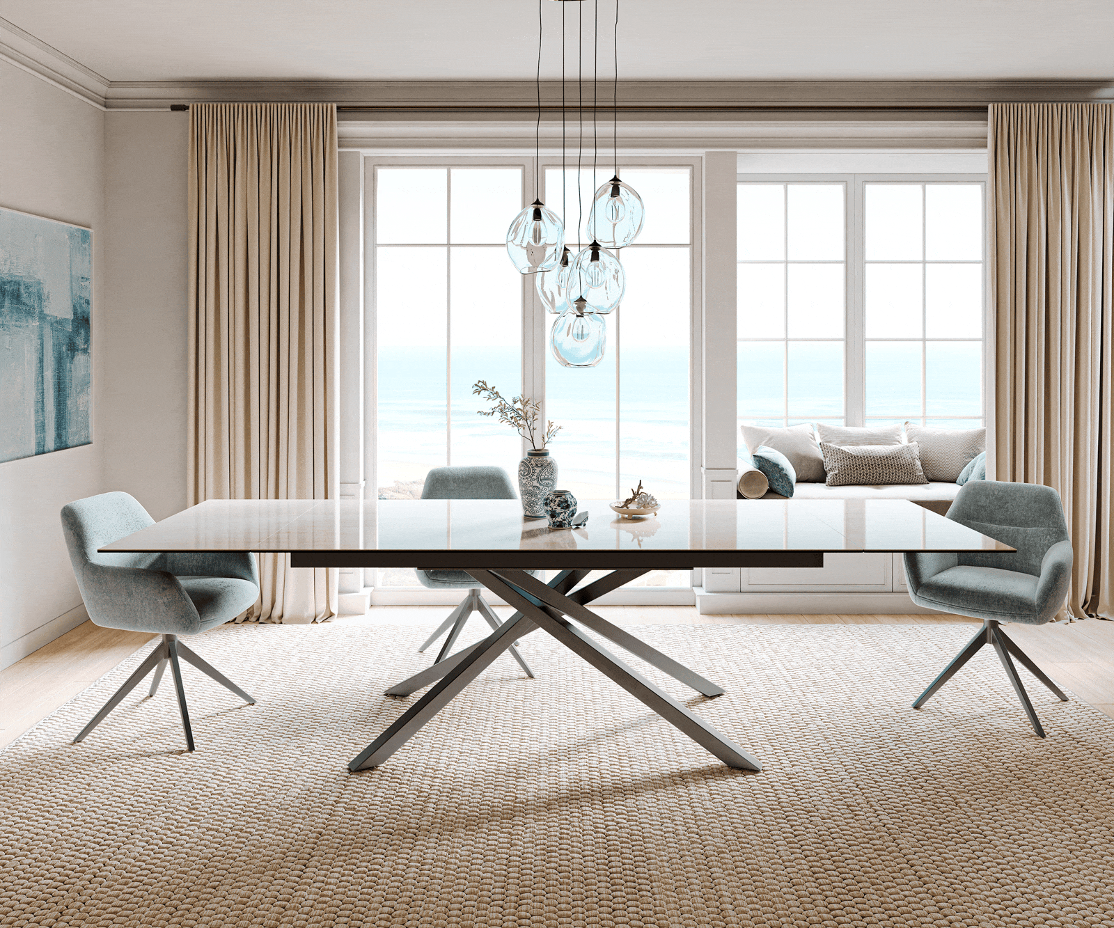 Stół do jadalni Edge 200-300x100cm ceramika Onyx Champagne rama Cross stal nierdzewna kolor grafitowy rozkładany 1