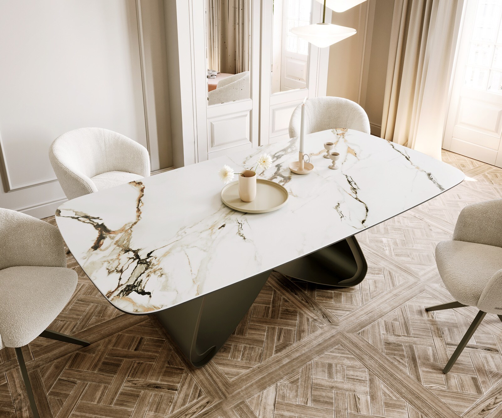 Stół do jadalni Edge kształt beczki 200x100cm ceramika Calacatta Luxe biało-złoto-szary rama W metal kolor tytanowy 4