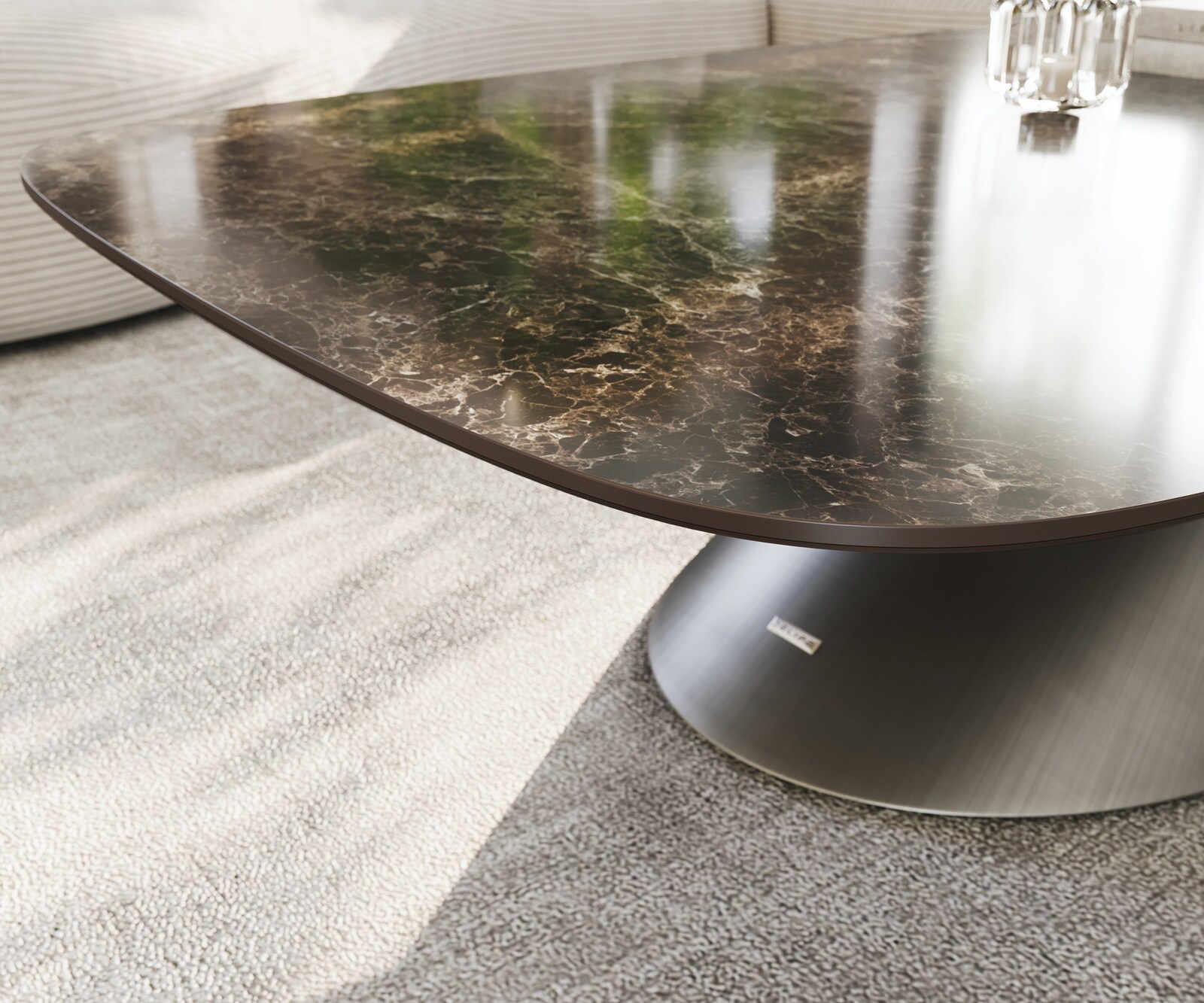 Stolik kawowy Edge w kształcie beczki 140x80 cm ceramika Laminam® Emperador Extra Lucidato ciemnobrązowy Conis srebrny metaliczny 6