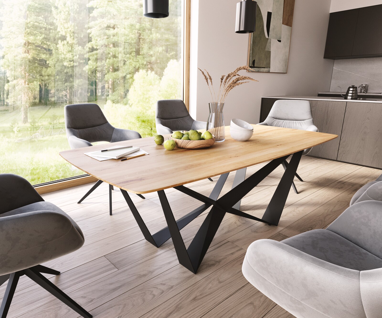 Stół do jadalni Edge w kształcie beczki 200x100x2,5-3 dąb naturalny rama Spider czarna krawędź szwajcarska