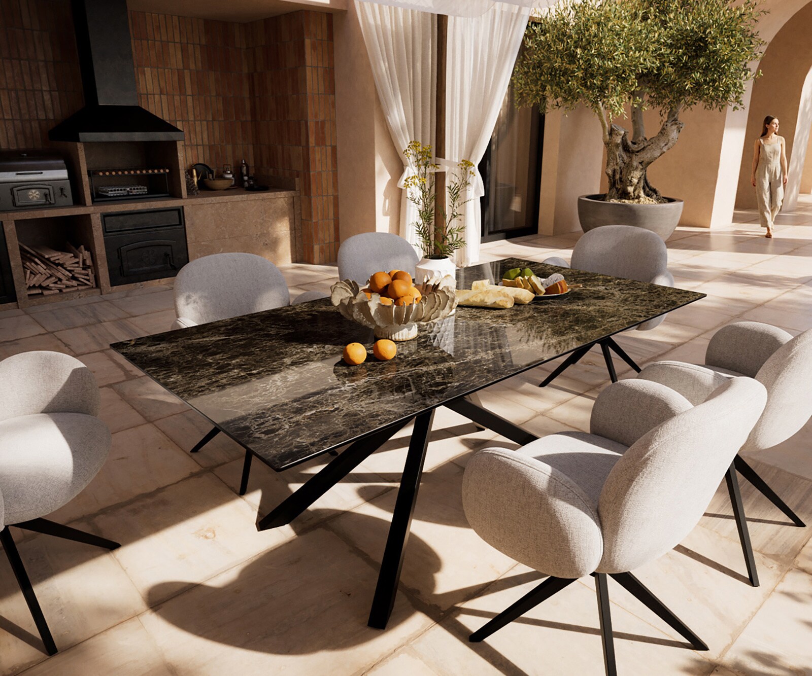 Stół ogrodowy Edge 200x100 cm ceramika Laminam® Emperador Extra Lucidato ciemnobrązowy rama Cross czarny