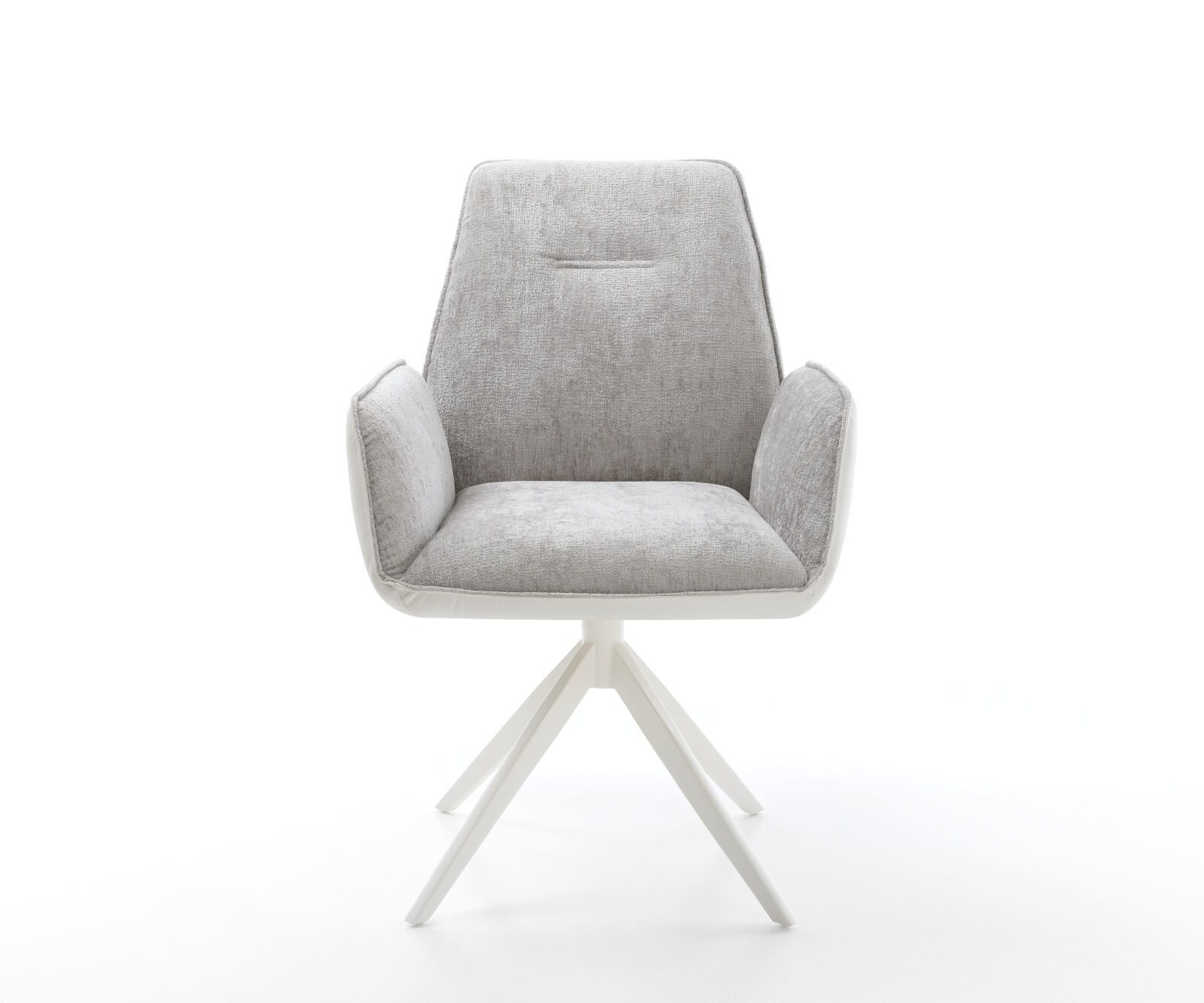 Krzesło do jadalni Zoa-Flex mieszanka materiałów skóra naturalna/szenil kolor biało-srebrno-szary rama krzyżowa szeroka biała obracane o 360° funkcja kołyski ze sprężynami kieszeniowymi 1