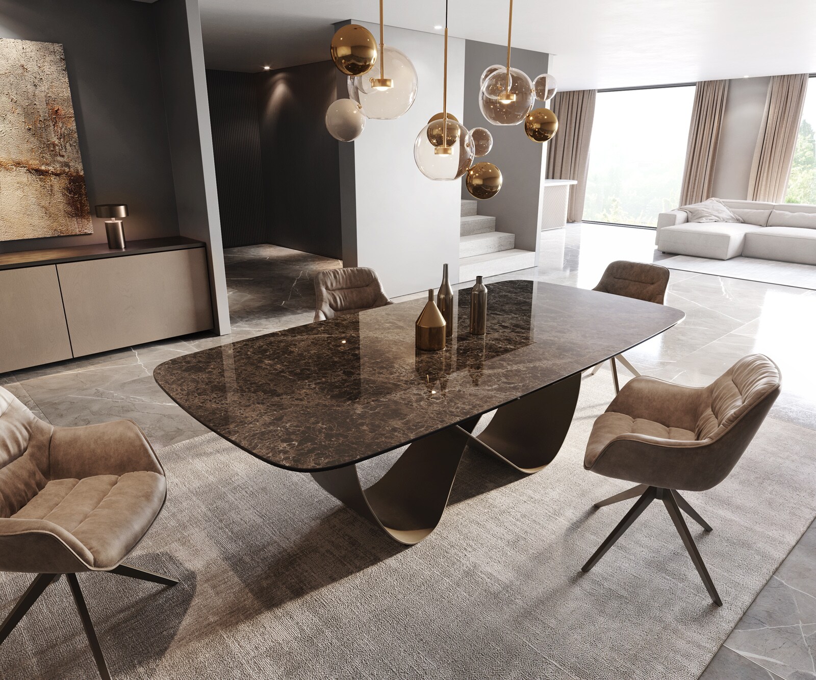 Stół do jadalni Edge kształt beczki 240x120cm ceramika Emperador Extra Lucidato ciemnobrązowy rama Infinity metal kolor tytanowy 1