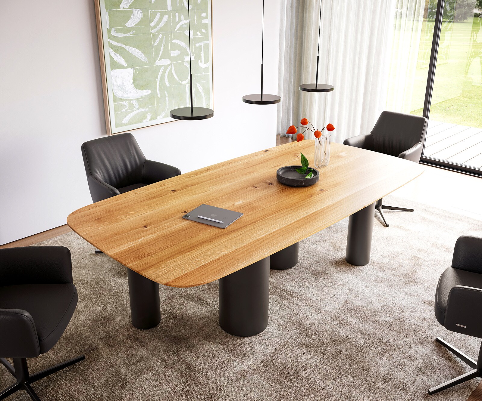 Stół do jadalni Edge kształt beczki 240x120x2,5-3cm dąb naturalny rama Pilier metal czarny krawędź szwajcarska