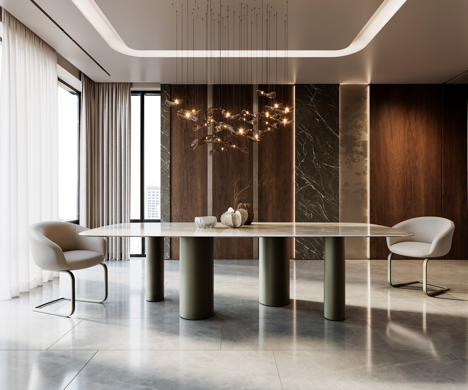 Stół do jadalni Edge kształt beczki 270x120cm ceramika Iris FMG Onice Grigio rama Pilier metal kolor tytanowy 4