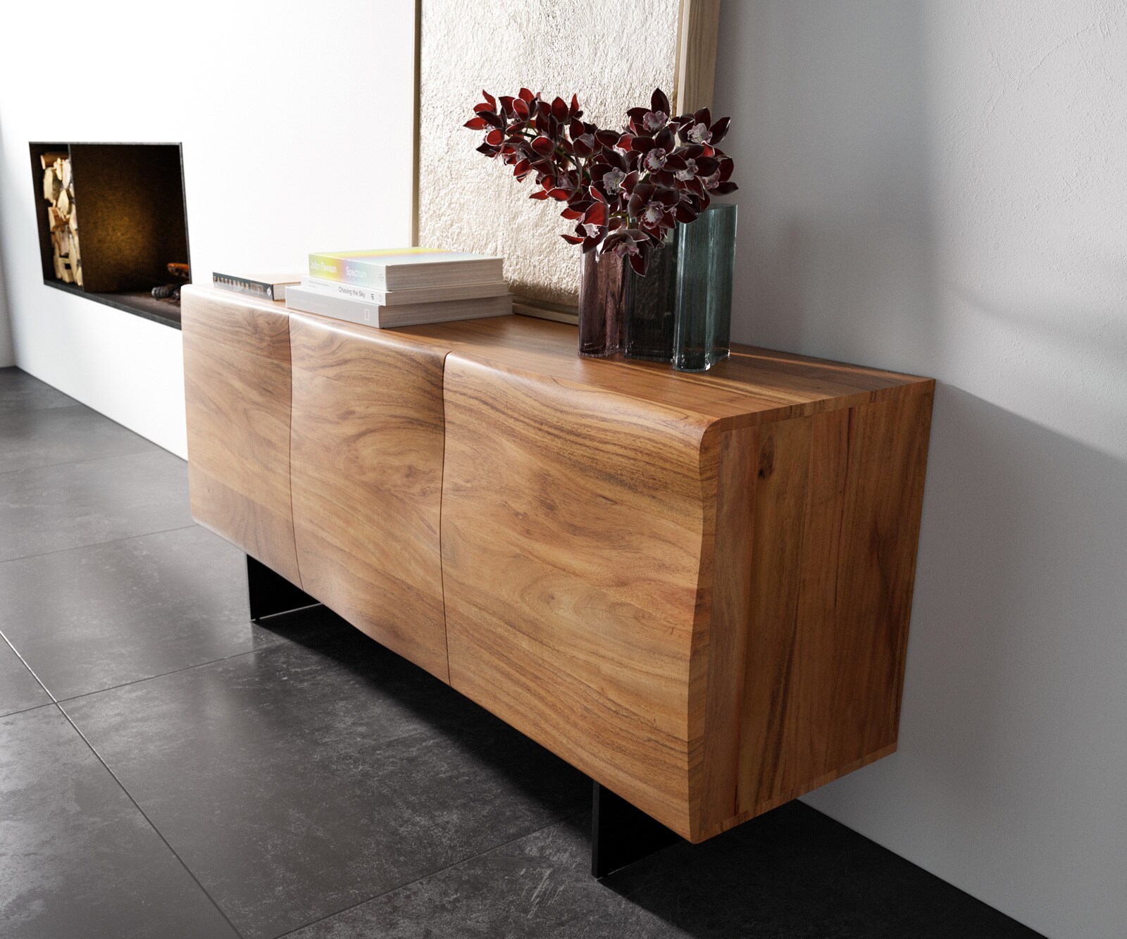 Komoda New Live-Edge 145 cm akacja naturalna 3 drzwi nóżki wąskie czarny metal 1
