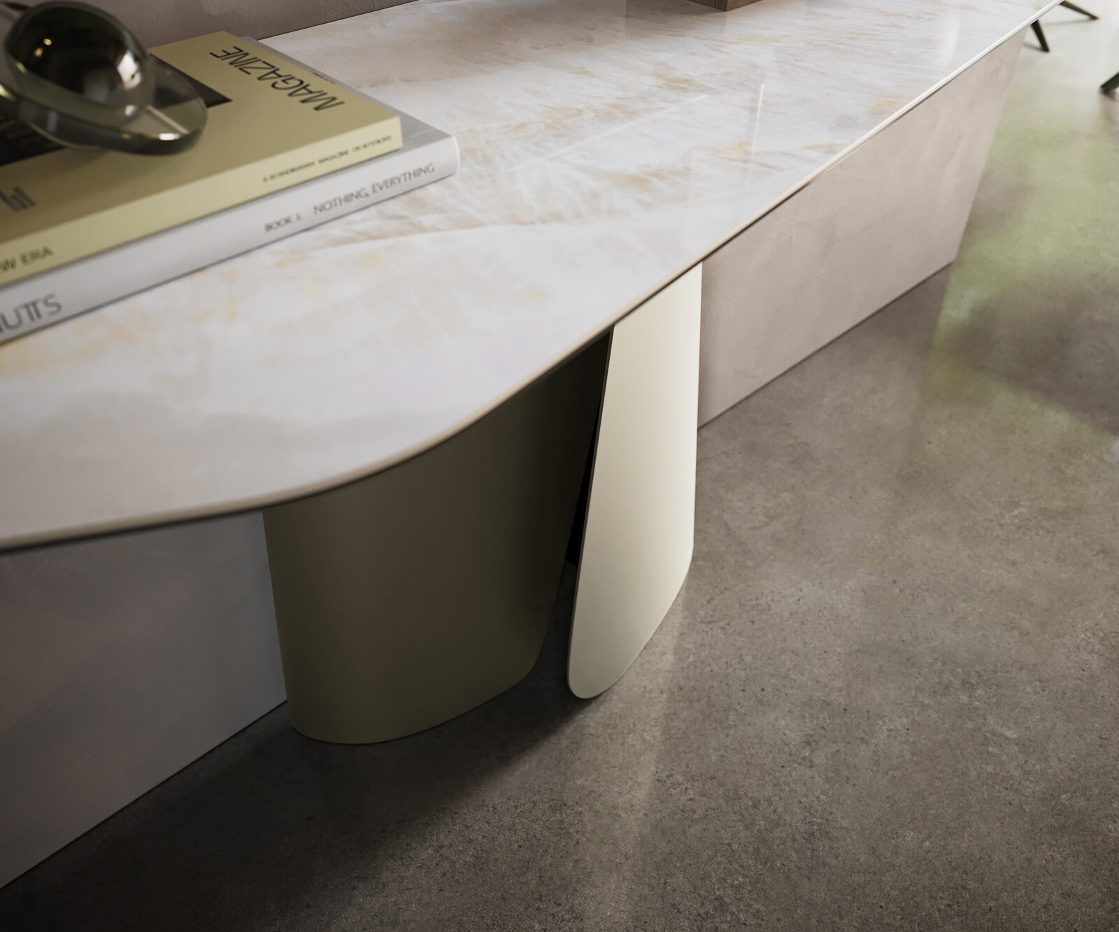 Konsola Edge wielokątna 180x50 cm ceramika Onyx Pearl podstawa Livos metal w kolorze tytanu 6