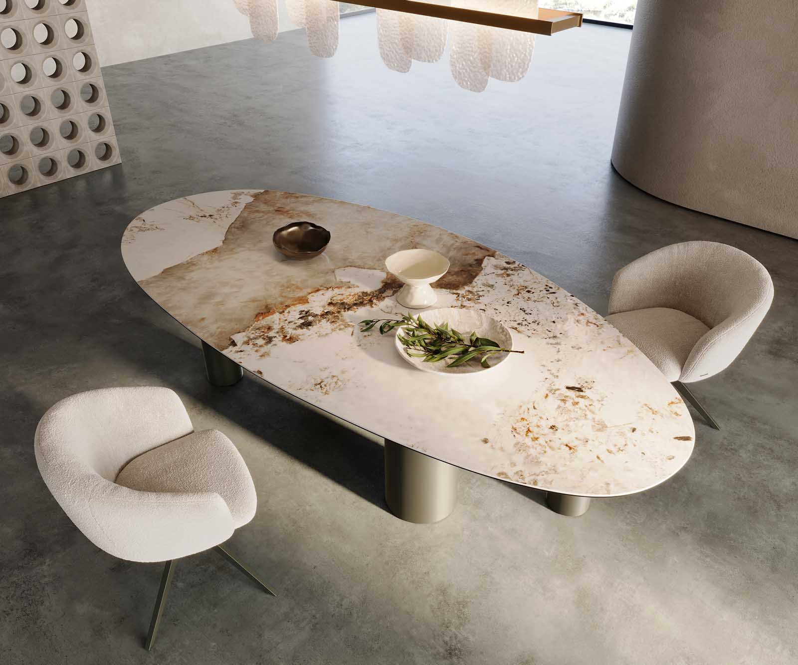 Stół do jadalni Edge owalny 280x130cm ceramika Minas Melange biało-beżowy rama Estelar metal czarny 3