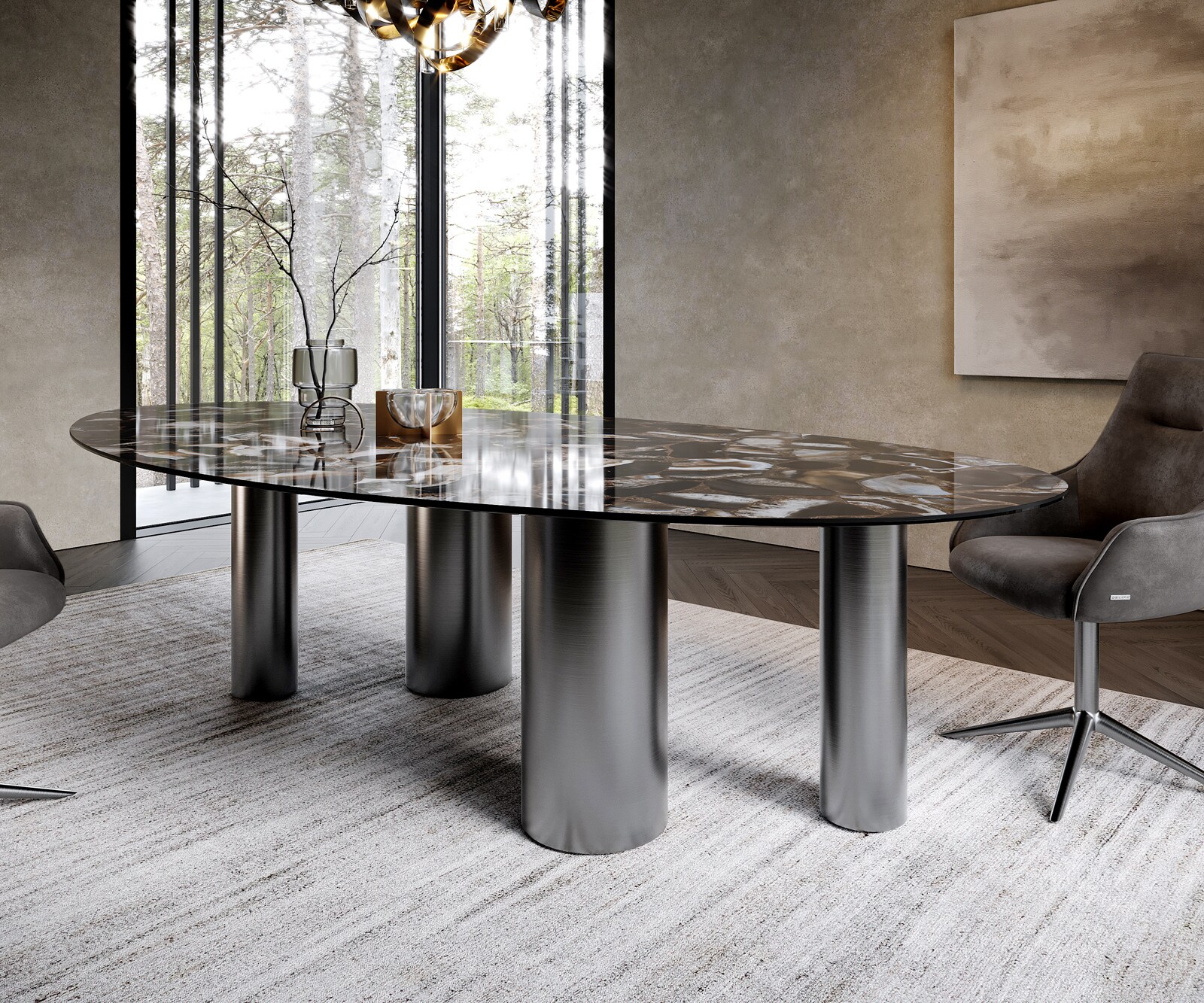 Stół do jadalni Edge owalny 280x130cm ceramika Iris FMG Agatablack rama Pilier stal nierdzewna grafit 6