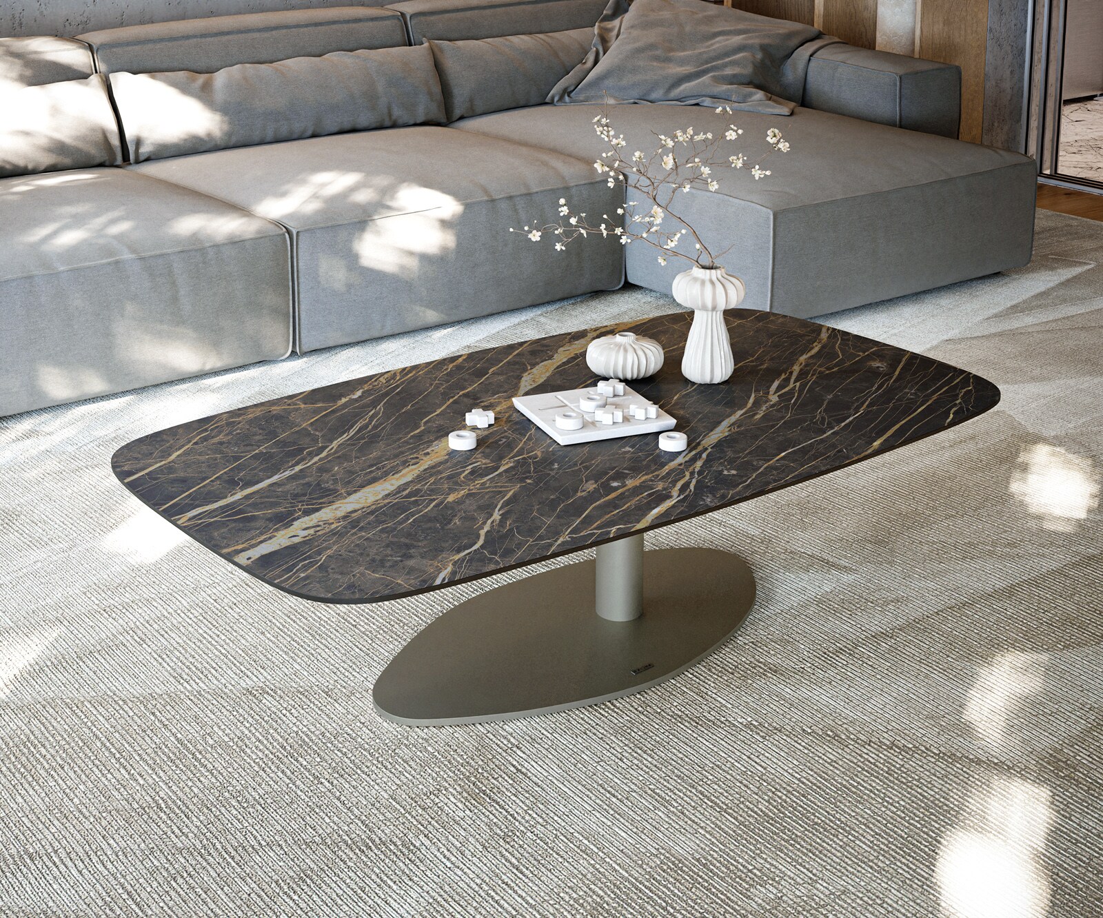 Stolik kawowy Edge w kształcie beczki 140x80 cm ceramika Laminam® Noir Desir brązowy Vibany wykończenie tytanowe 2