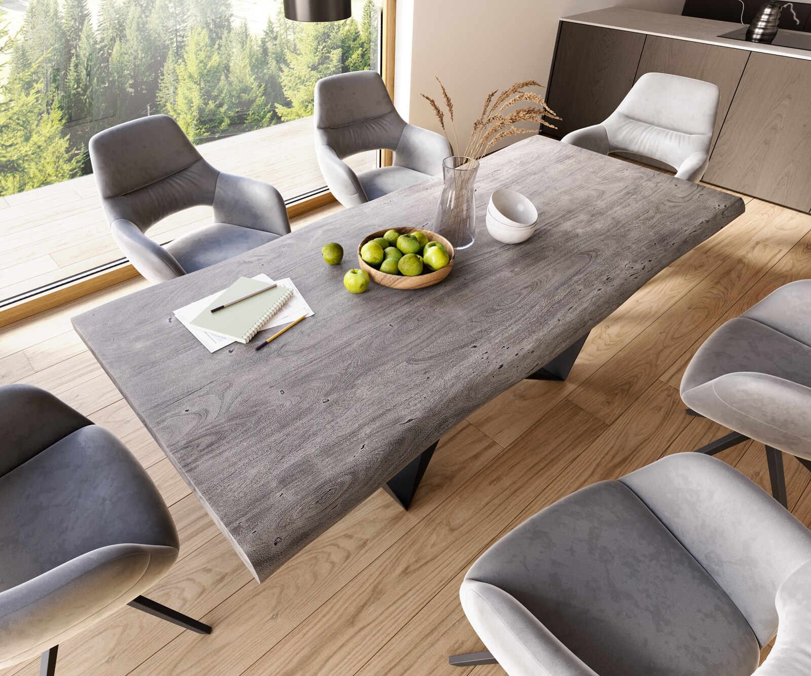 Stół do jadalni Edge 220x100 cm XL akacja platynowa rama Spider metal czarna live-edge 4