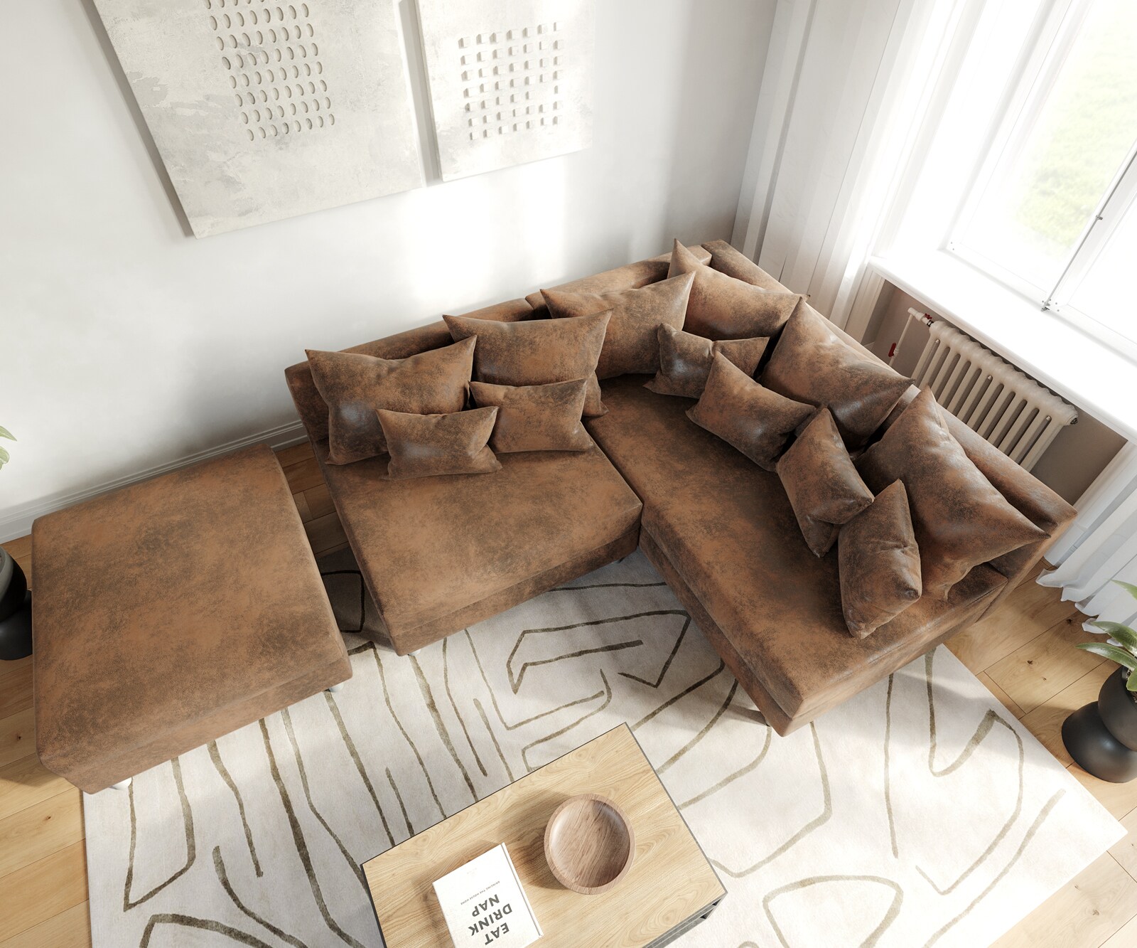 Sofa narożna Clovis brązowy antyczny sofa modułowa z pufem szezlong prawy 1