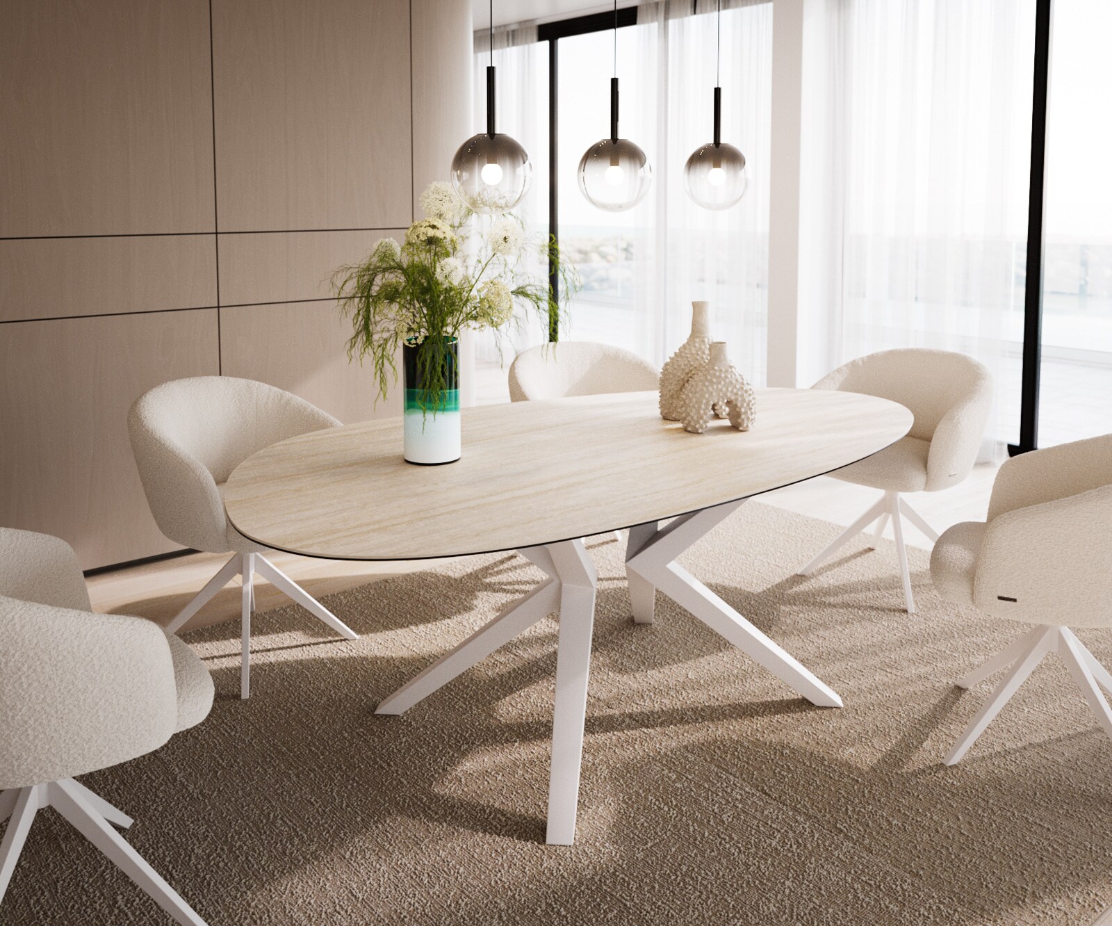 Stół do jadalni Edge owalny 220x120cm ceramika Laminam® Travertino Bianco kremowo-biały rama Zenthara metal biały