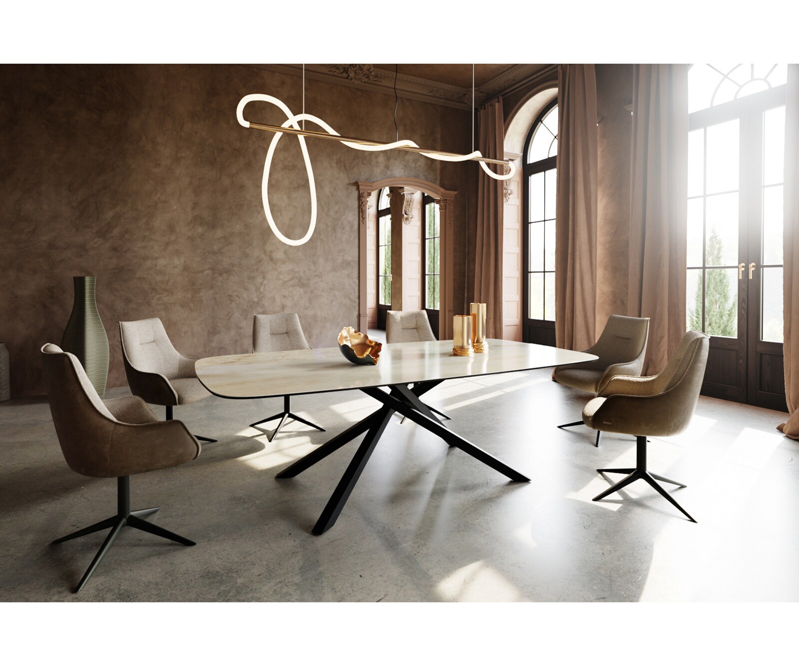 Stół do jadalni Edge w kształcie beczki 240x120cm ceramika Iris FMG Onice Oro rama Cross czarny 5