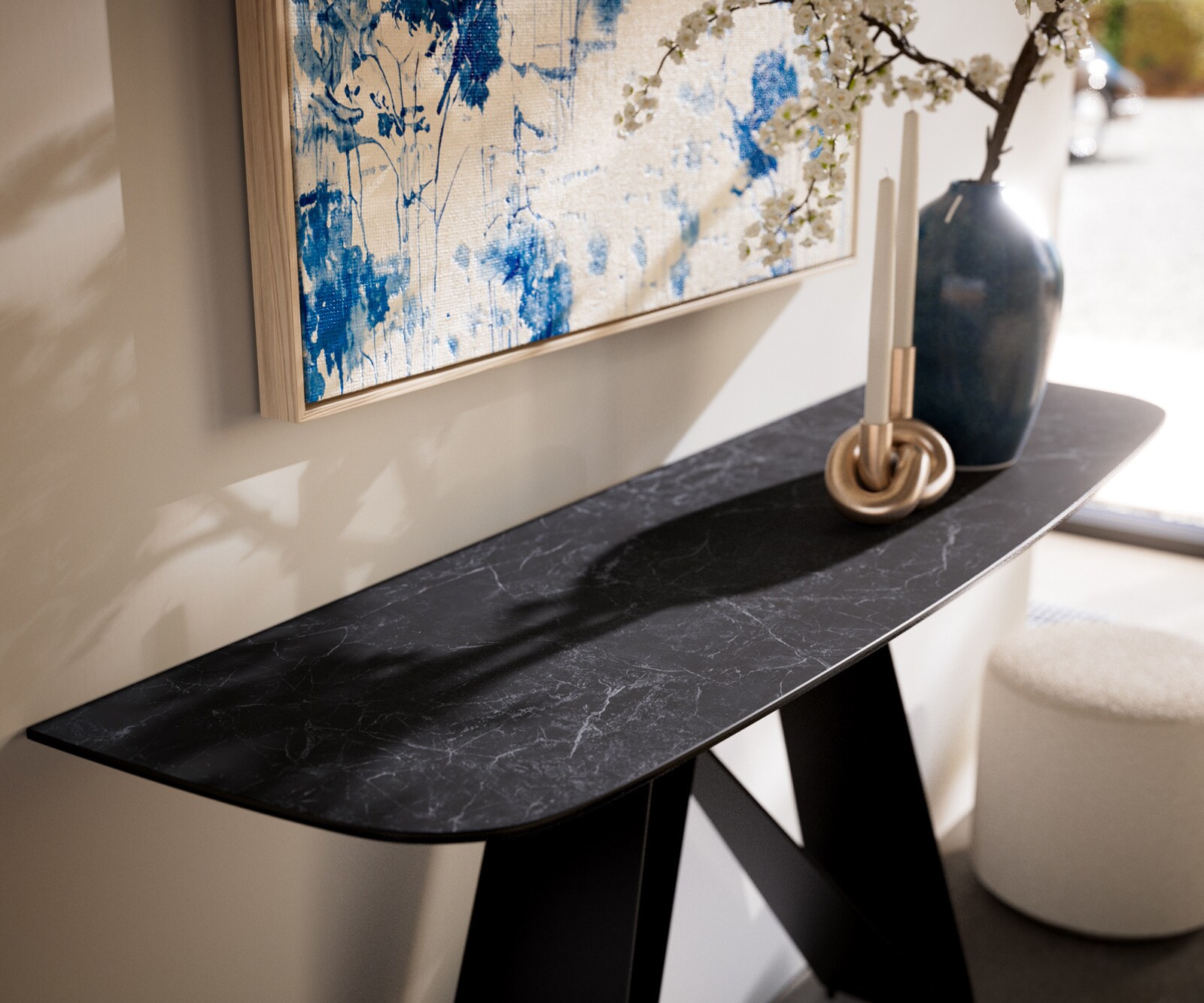 Konsola Edge w kształcie beczki 140x40 cm ceramika Laminam® Nero Greco antracytowa podstawa Velio metal czarny 2
