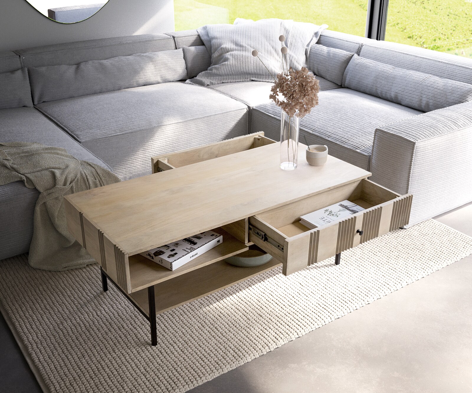 Stolik kawowy Nereos 130x60 cm mango kolor bielony metal czarny 4