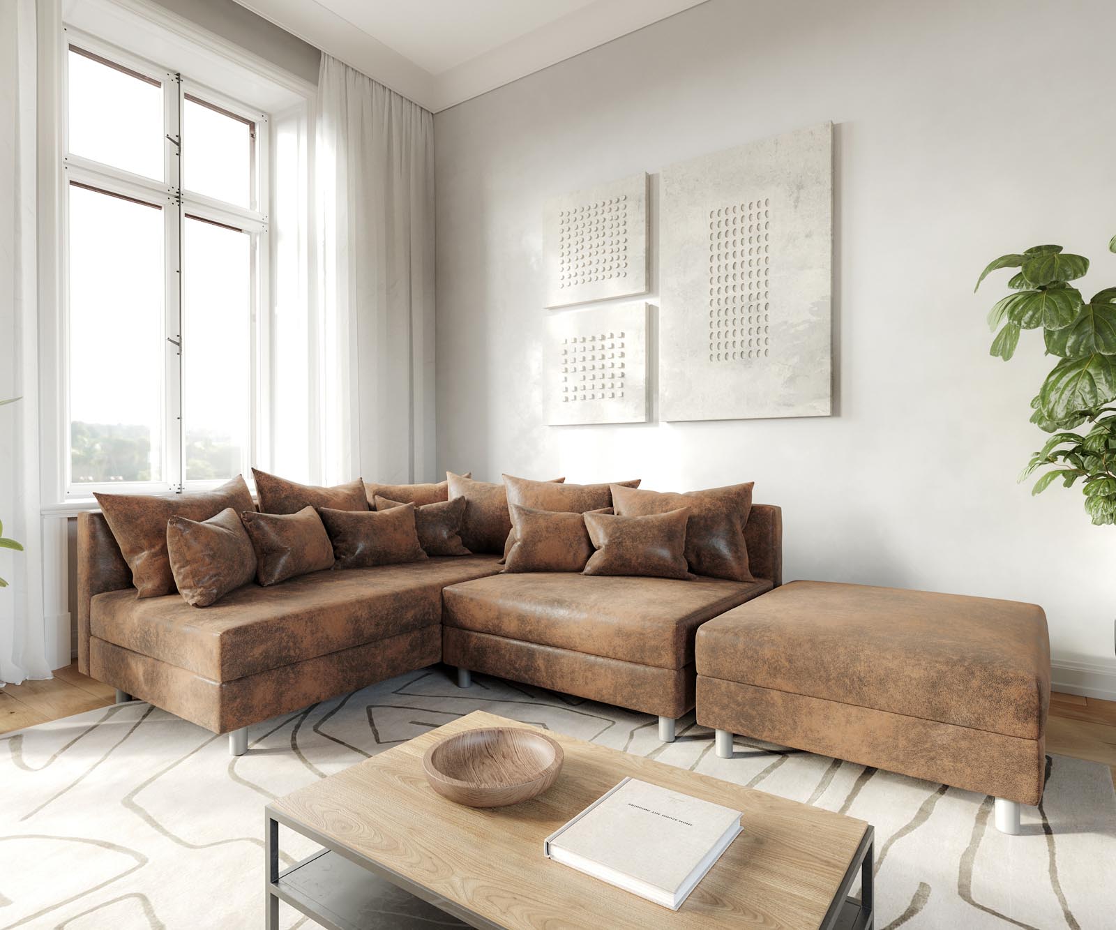 Sofa narożna Clovis brązowy antyczny sofa modułowa z pufem szezlong lewy 1