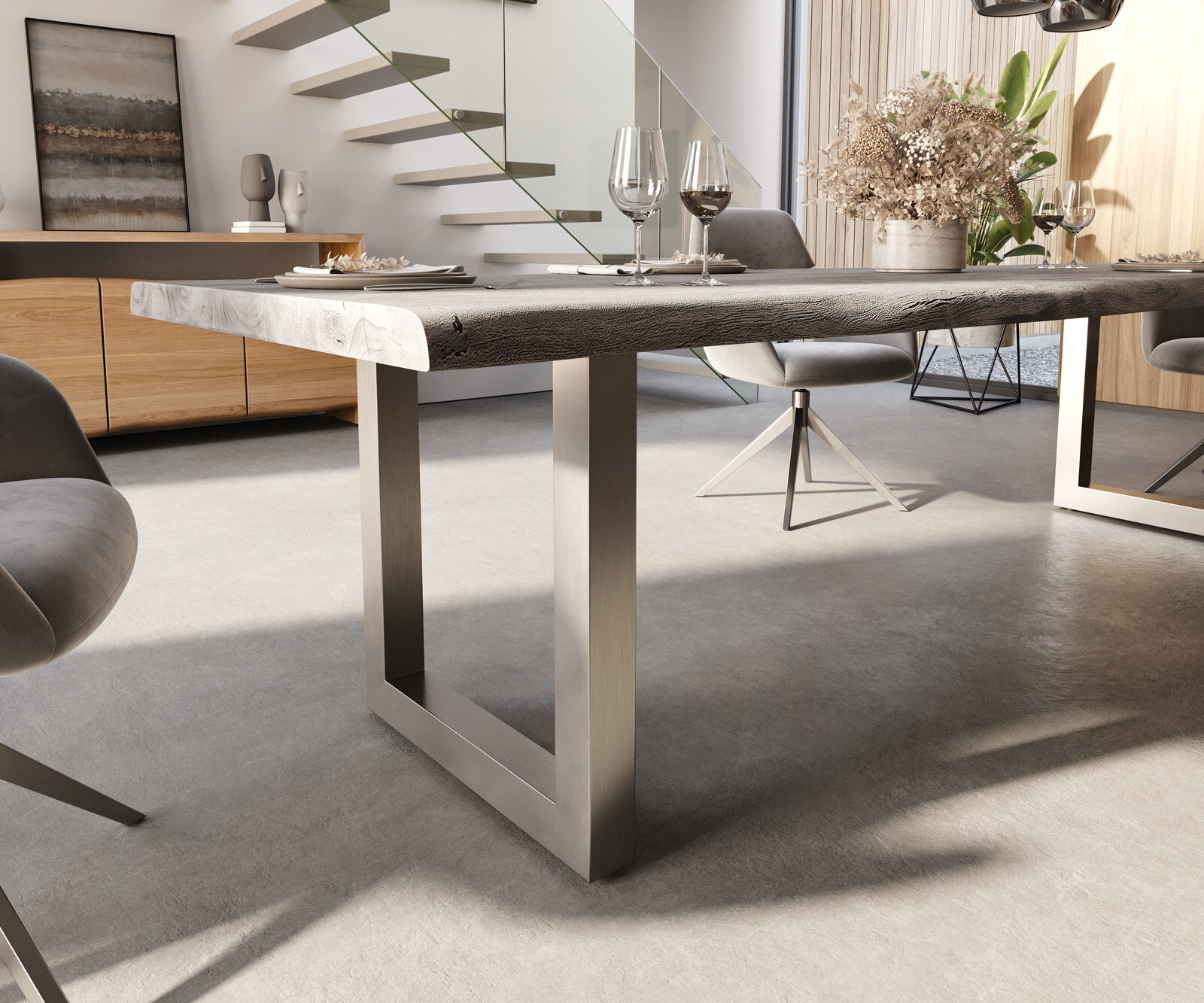 Stół do jadalni Edge 300x100 XL akacja platynowa rama szeroka stal nierdzewna live-edge 5