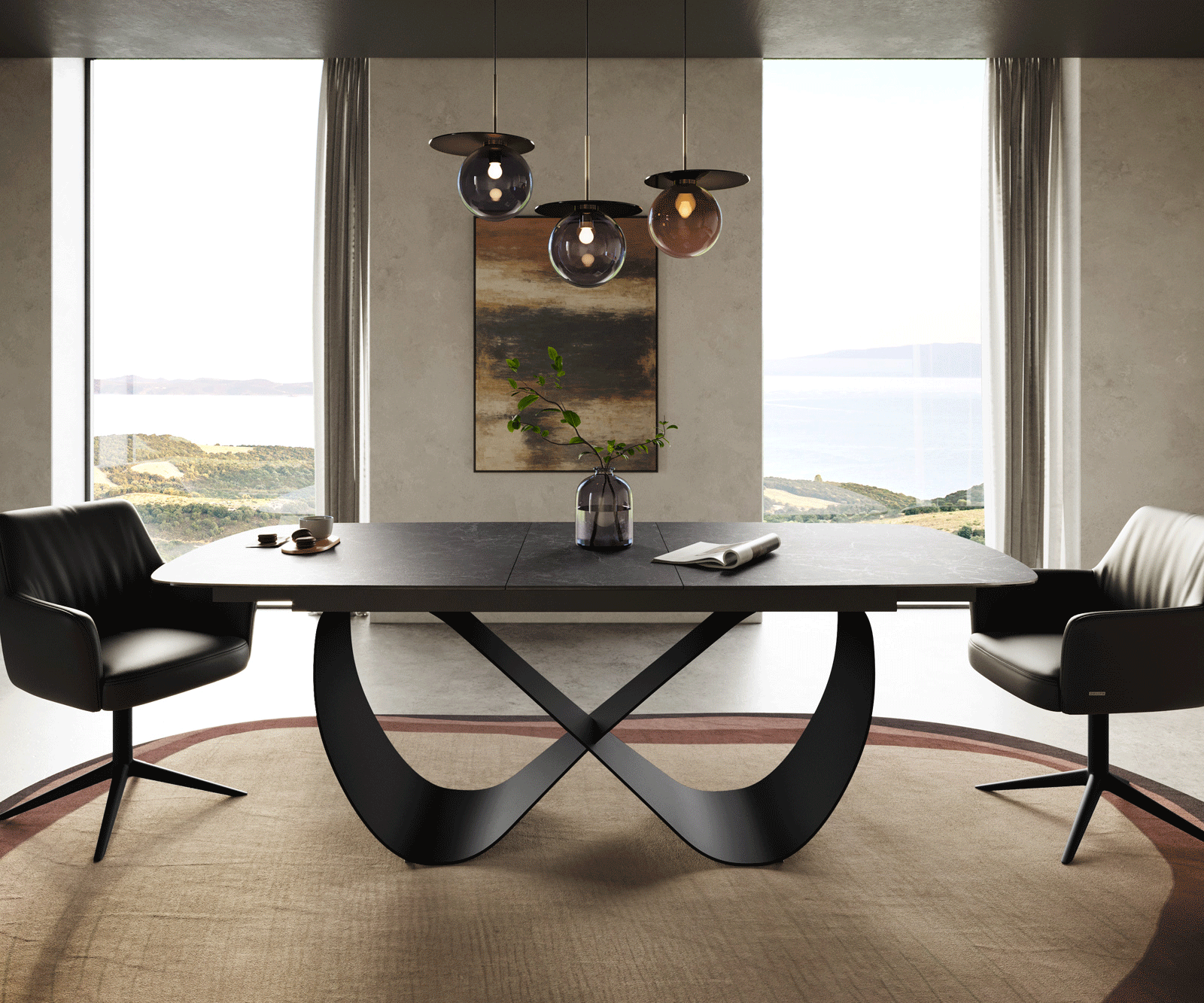 Stół do jadalni Edge w kształcie beczki 180-220x100 cm ceramika Laminam® Nero Greco Anthrazit rama Infinity metal czarny rozkładany 2