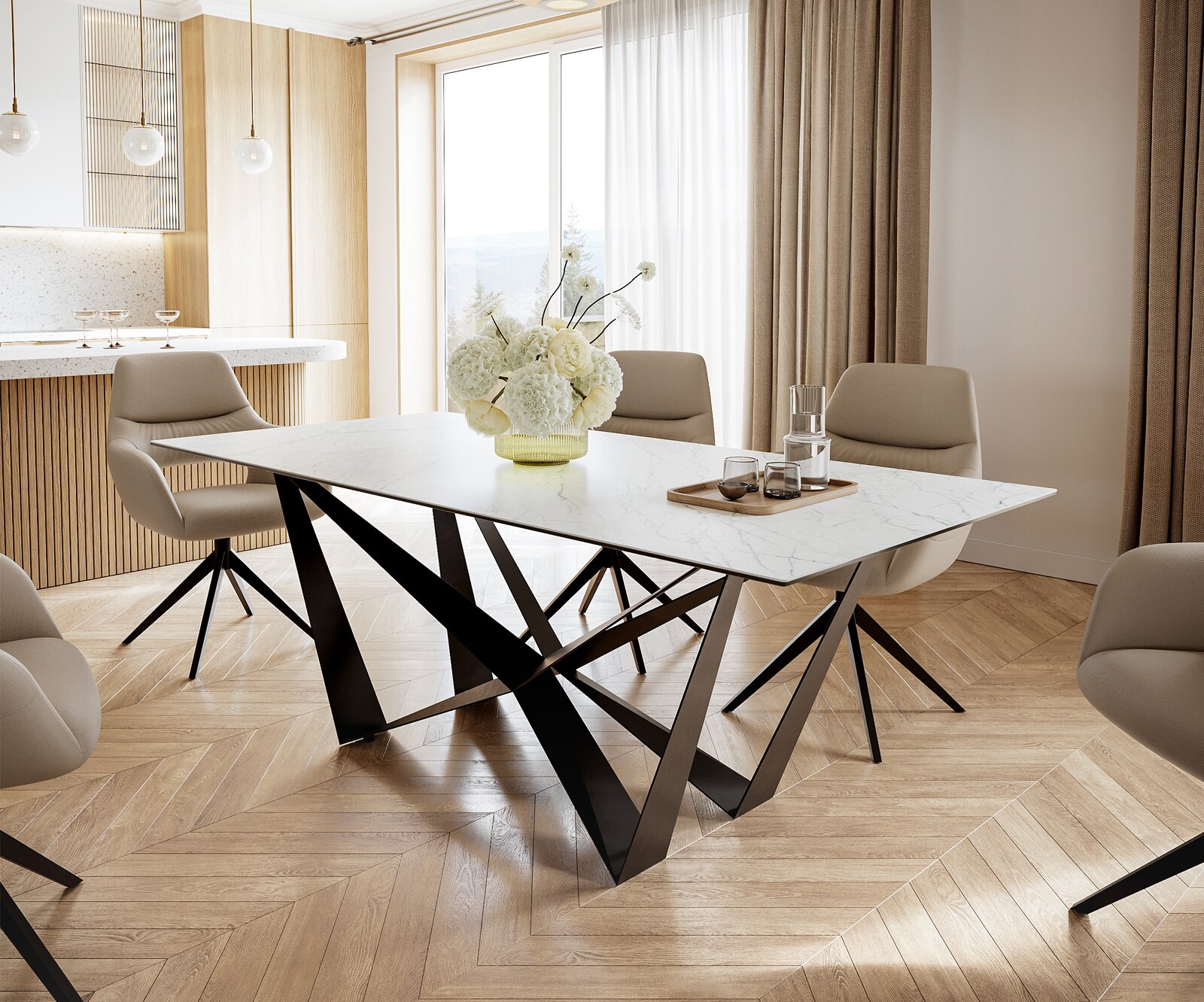 Stół do jadalni Edge 200x100 cm ceramika Laminam® Statuarietto biała rama Spider metal czarna