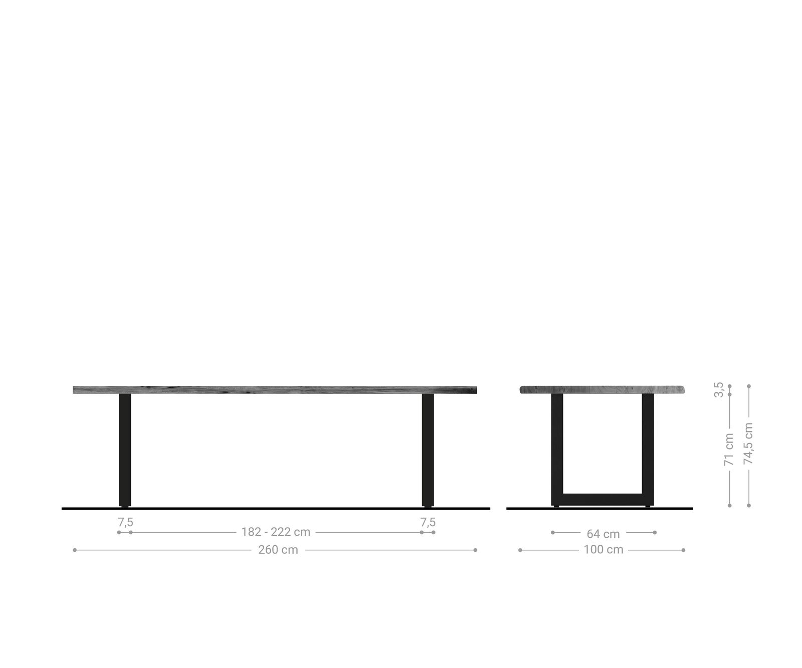 Stół do jadalni Edge 260x100 cm akacja platynowa stal nierdzewna szeroka rama live-edge 5
