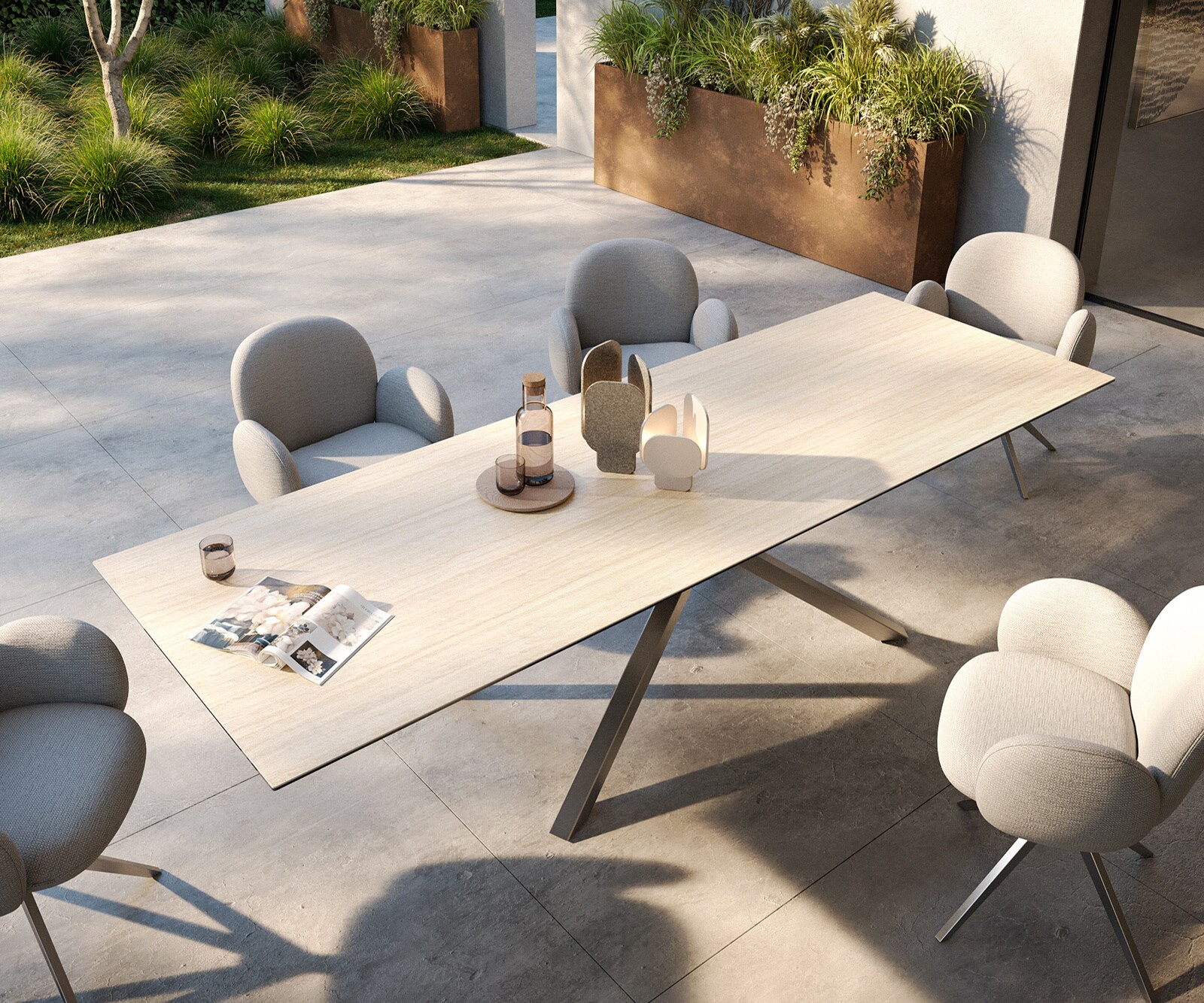 Stół ogrodowy Edge 300x100 cm ceramika Laminam® Travertino Bianco kremowo-biały rama Cross stal nierdzewna 3