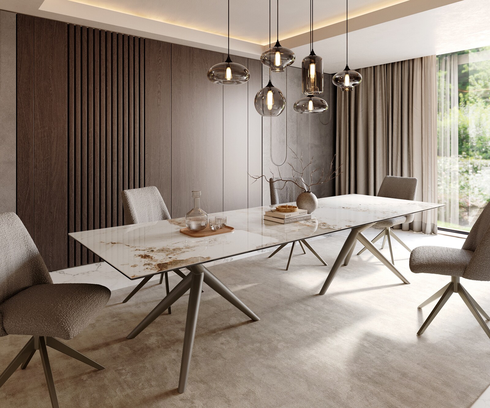 Stół do jadalni Edge 300x100cm ceramika Minas Melange biało-beżowy rama Estelar metal kolor tytanowy 1