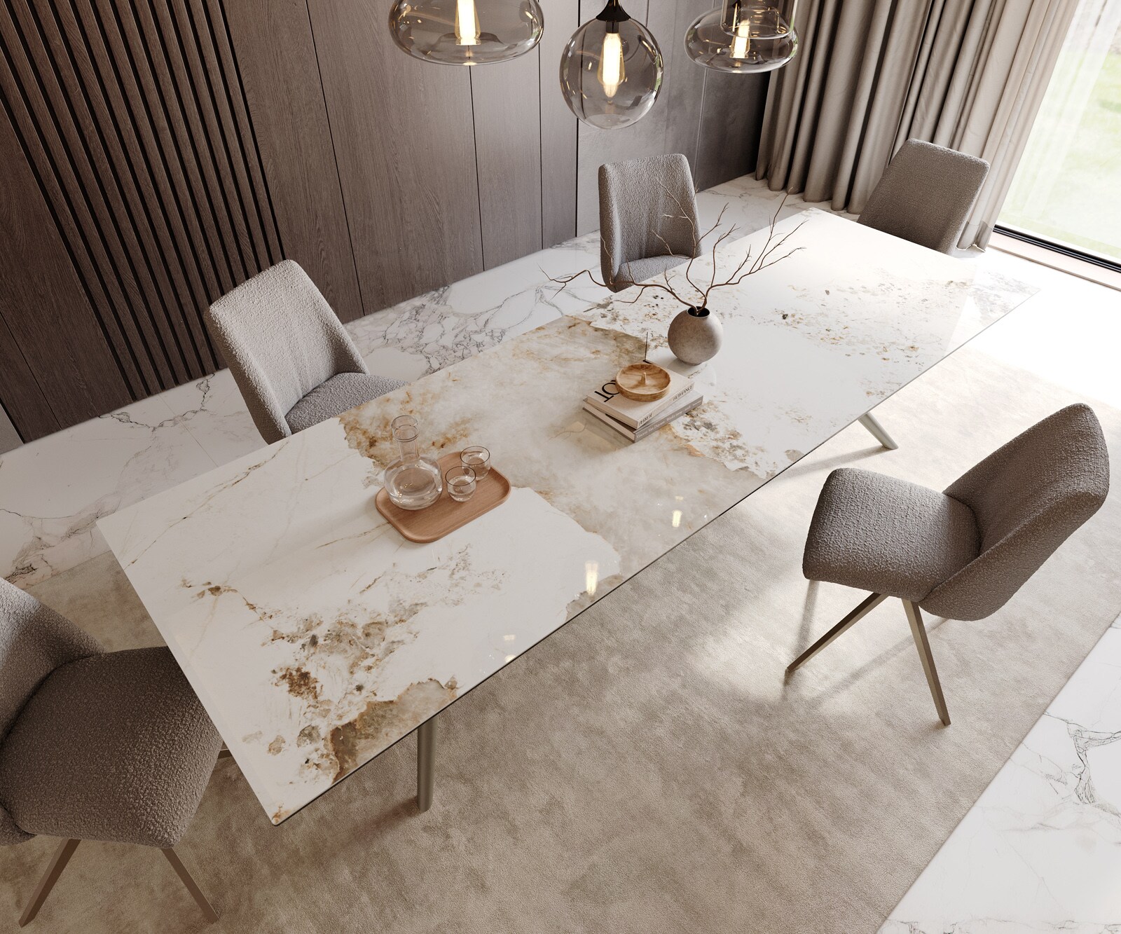 Stół do jadalni Edge 300x100cm ceramika Minas Melange biało-beżowy rama Estelar metal kolor tytanowy 4