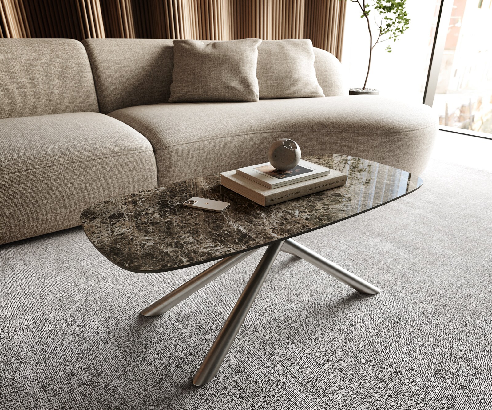 Stolik kawowy Edge w kształcie beczki 100x50 cm ceramika Laminam® Emperador Extra Lucidato ciemnobrązowy Sarity stal nierdzewna szczotkowana
