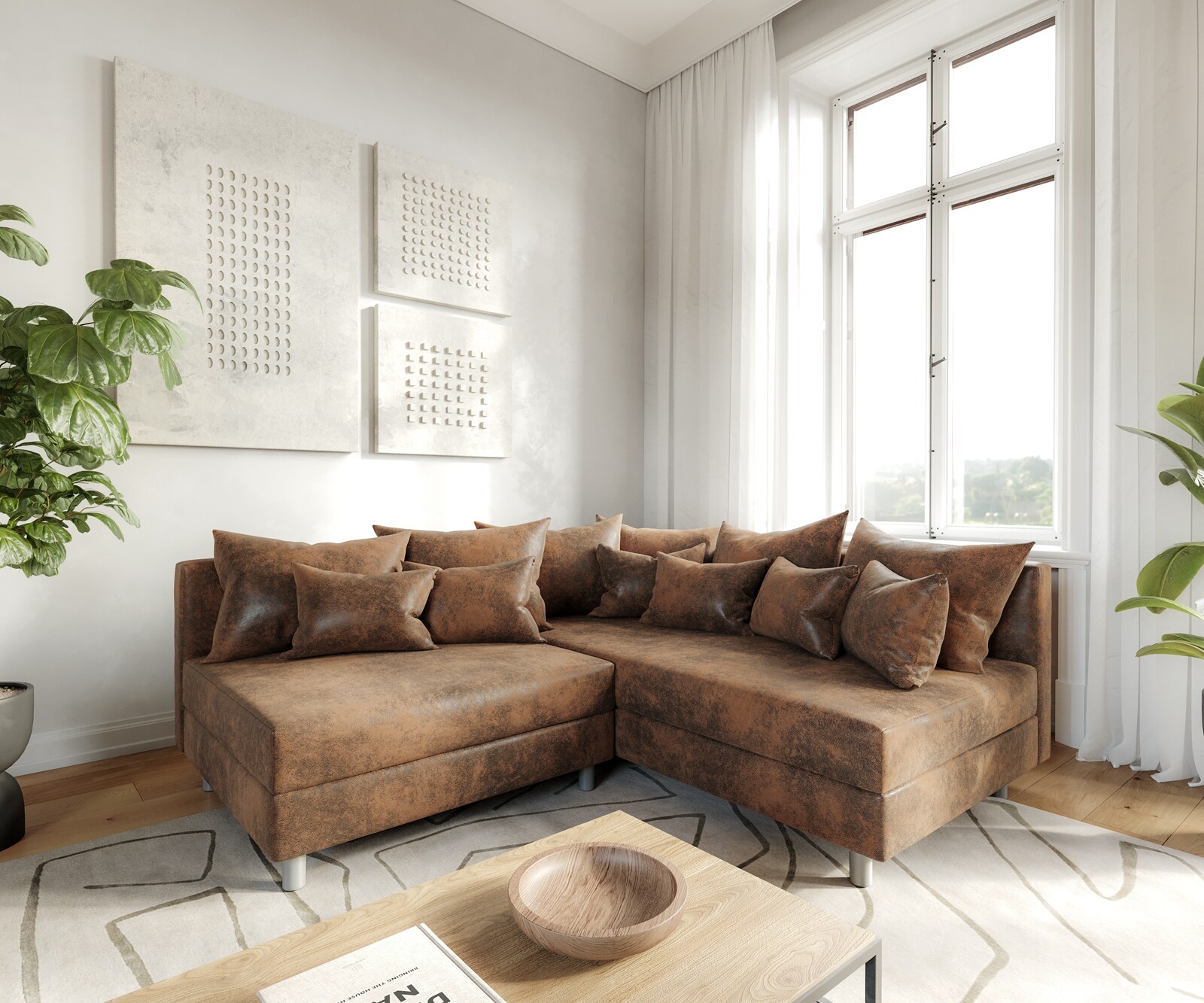 Sofa narożna Clovis brązowy antyczny szezlong prawy sofa modułowa 3