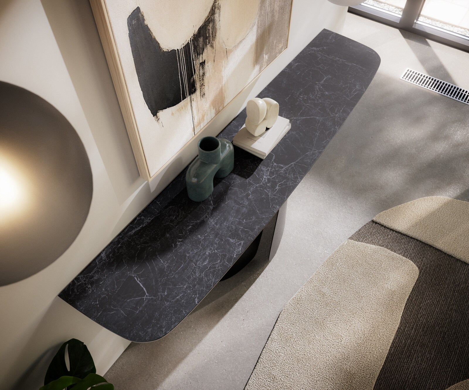 Konsola Edge w kształcie beczki 180x40 cm Laminam® Nero Greco antracytowa podstawa Livos metal czarny 6