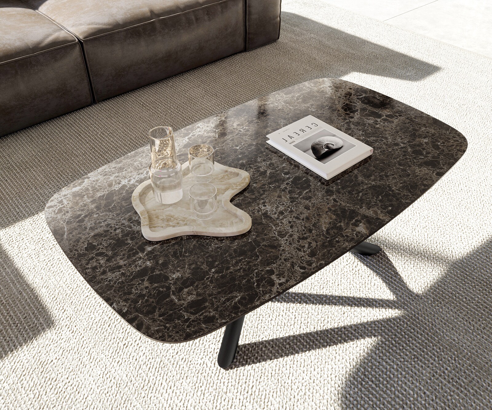Stolik kawowy Edge w kształcie beczki 120x70 cm ceramika Laminam® Emperador Extra Lucidato ciemnobrązowy Sarity czarny metal 3