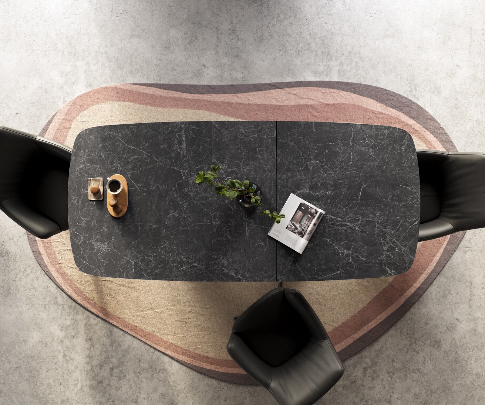 Stół do jadalni Edge w kształcie beczki 180-220x100 cm ceramika Laminam® Nero Greco Anthrazit rama Infinity metal czarny rozkładany 7