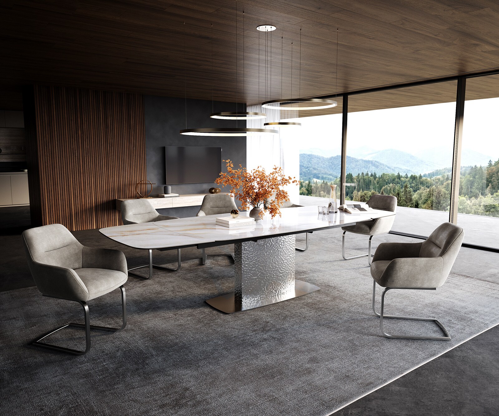 Stół do jadalni Edge w kształcie beczki 200-300x120 cm ceramika Onyx Pearl rama Wave stal nierdzewna rozkładany 6