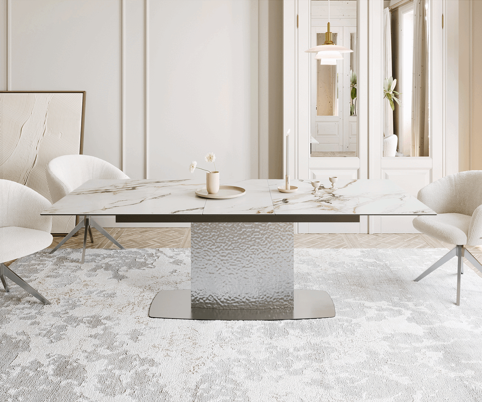 Stół do jadalni Edge 180-220x100 cm ceramika Calacatta Luxe biało-złoto-szary rama Wave stal nierdzewna rozkładany 1