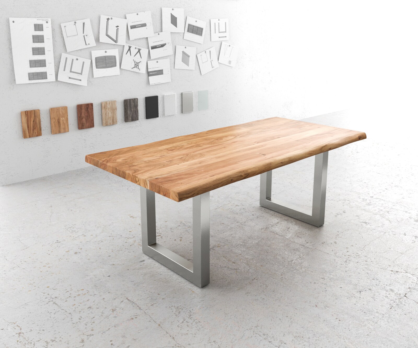 Stół do jadalni Edge 200x100 cm XL akacja naturalna stal nierdzewna szeroka rama live-edge