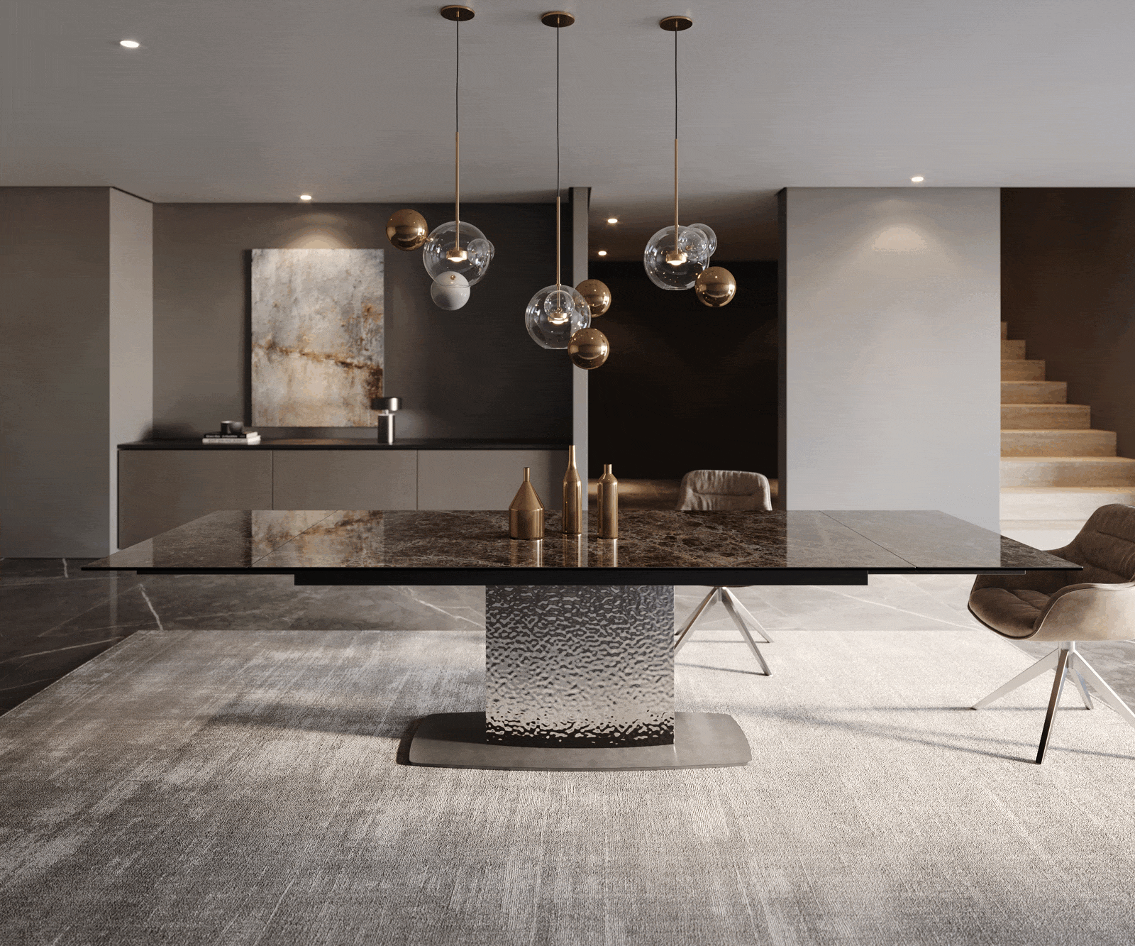 Stół do jadalni Edge 200-300x100 cm ceramika Emperador Extra Lucidato ciemnobrązowy rama Wave stal nierdzewna rozkładany 1