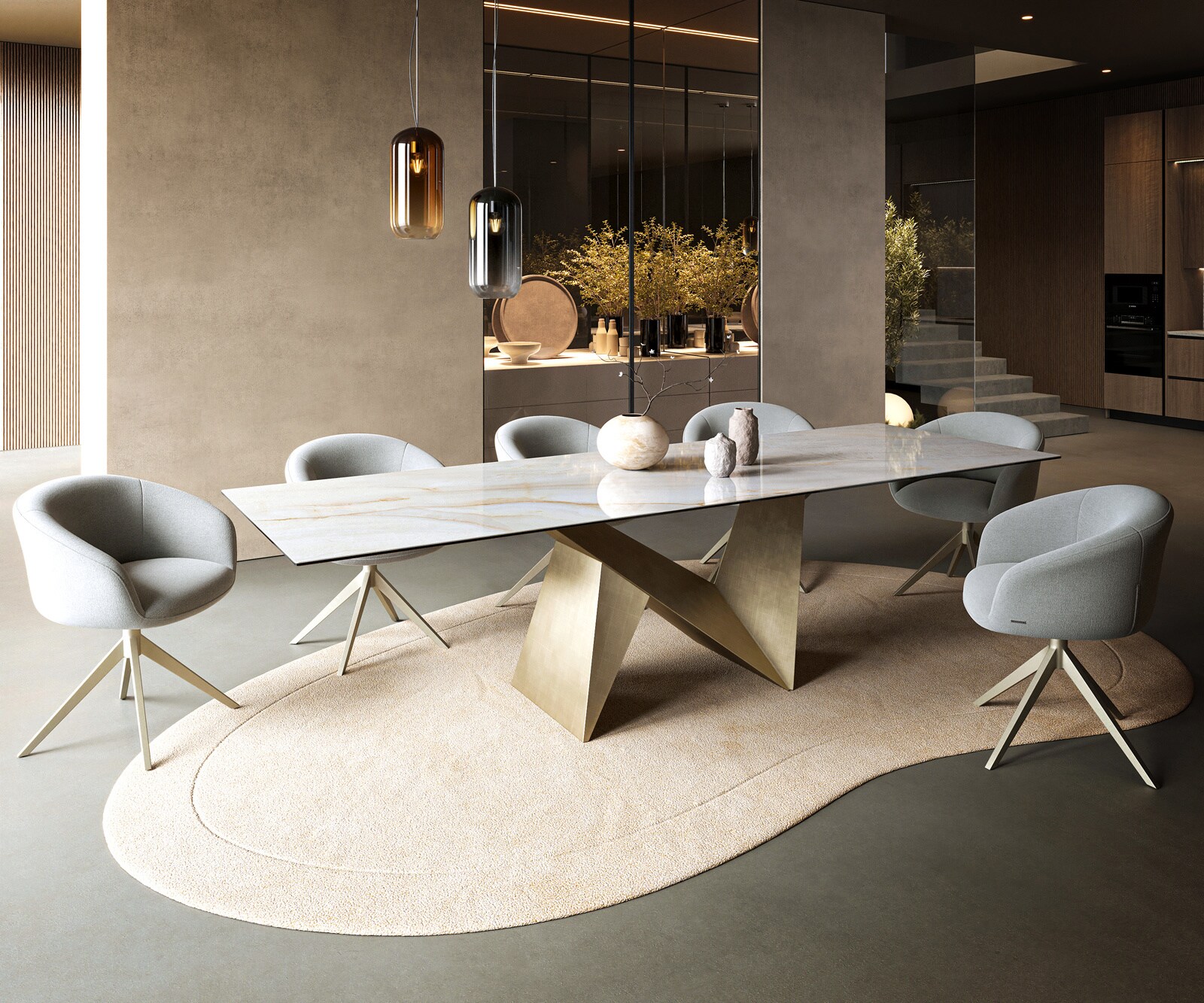 Stół do jadalni Edge 300x100cm ceramika Onyx Pearl rama Origami metaliczny złoty 6