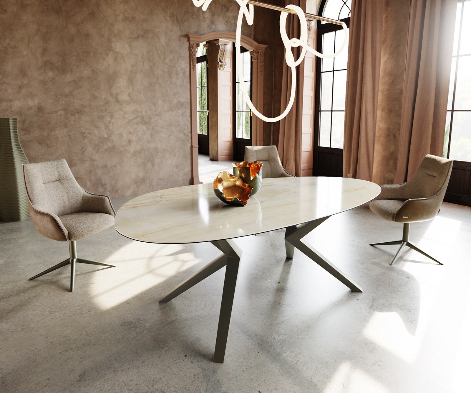 Stół do jadalni Edge owalny 220x120cm ceramika Iris FMG Onice Oro rama Zenthara metal kolor tytanowy