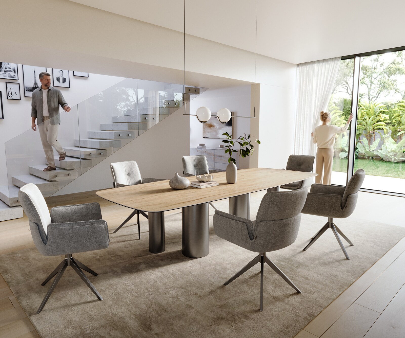 Stół do jadalni Edge w kształcie beczki 300x120 cm ceramika Laminam® Sabbia w kolorze dębu rama Pilier stal nierdzewna kolor grafitowy 6