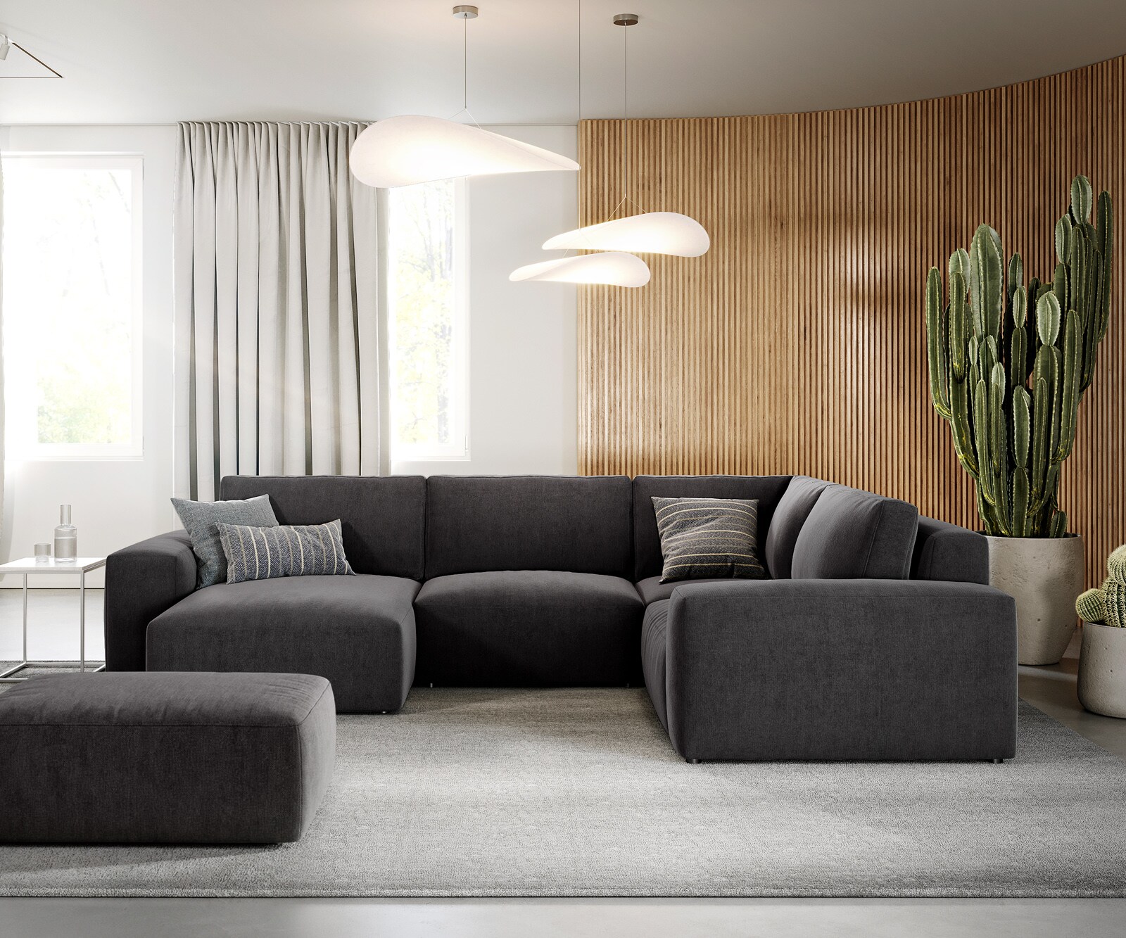 Sofa w kształcie litery U Lanzo 300x210 cm mikrofibra czarna szezlong z możliwością obustronnego montażu z pufem