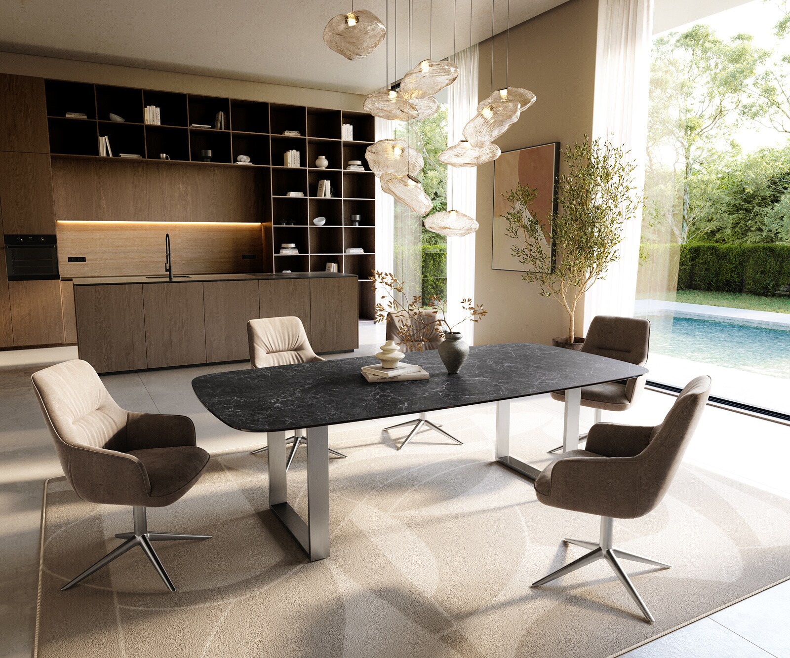 Stół do jadalni Edge w kształcie beczki 240x120 ceramika Laminam® Nero Greco antracytowa rama wąska stal nierdzewna 6