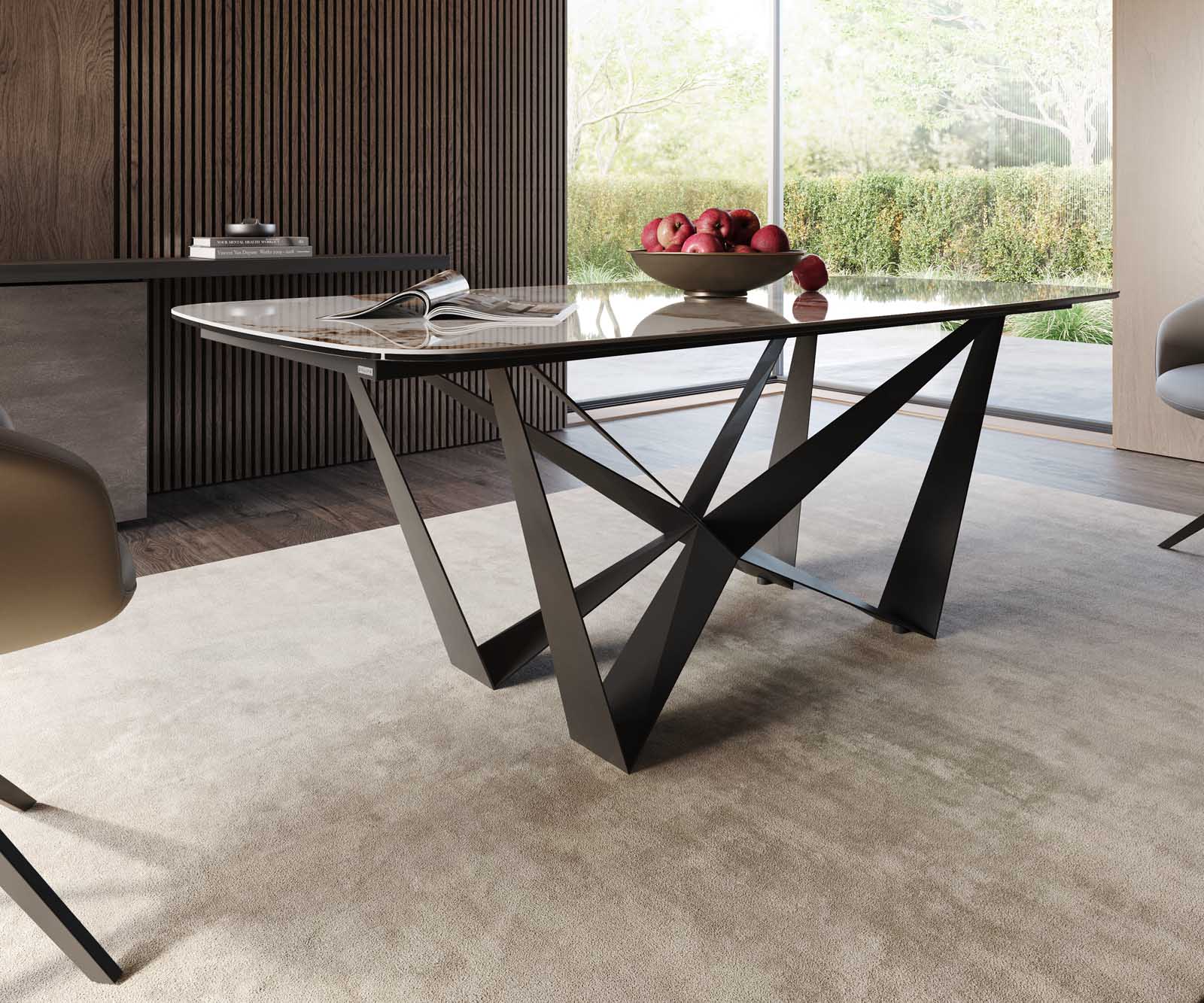 Stół do jadalni Edge kształt beczki 200x100cm ceramika Minas Melange biało-beżowy rama Spider metal czarna 5